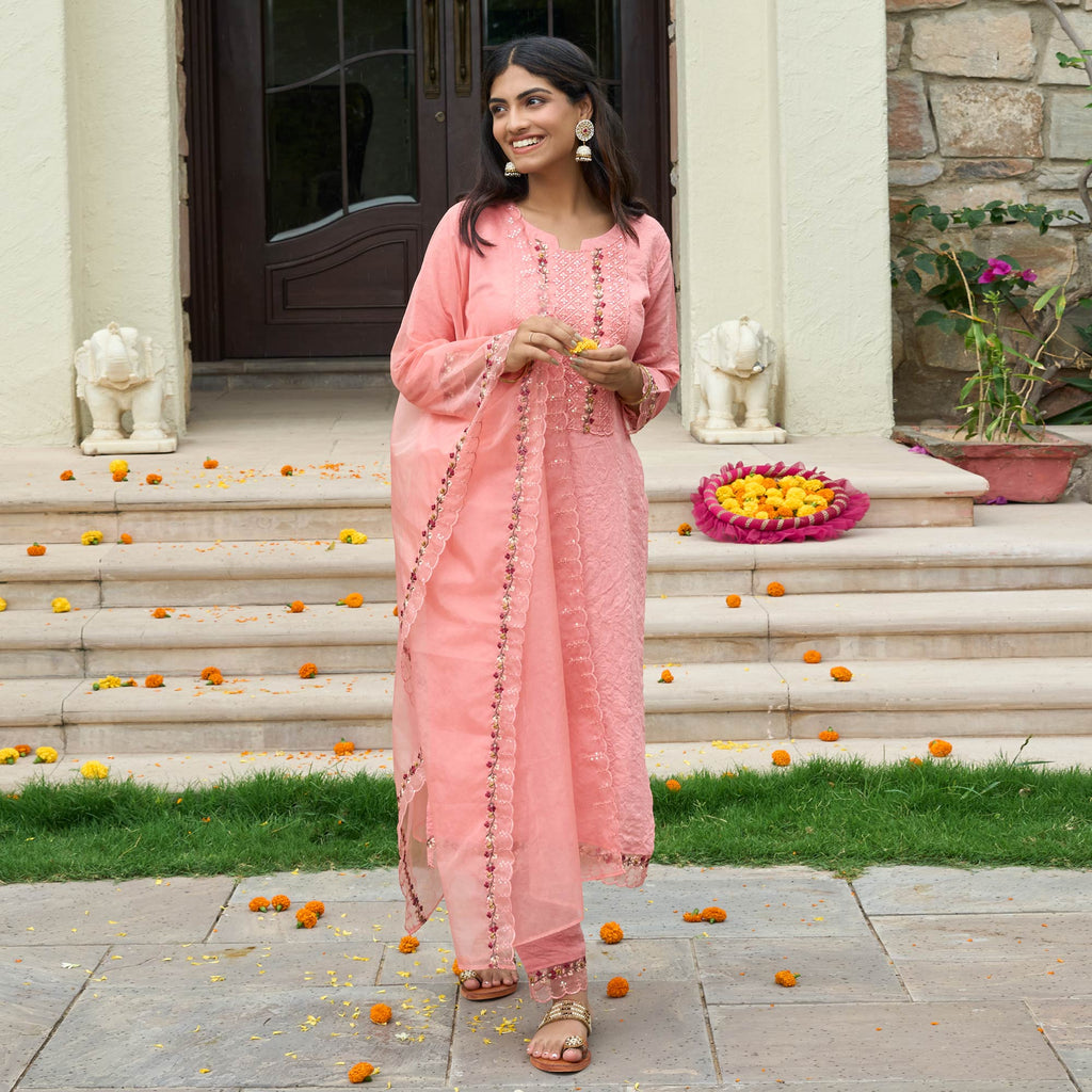 Peach Pure Muslin Floral Printed Trendy Salwar Suit