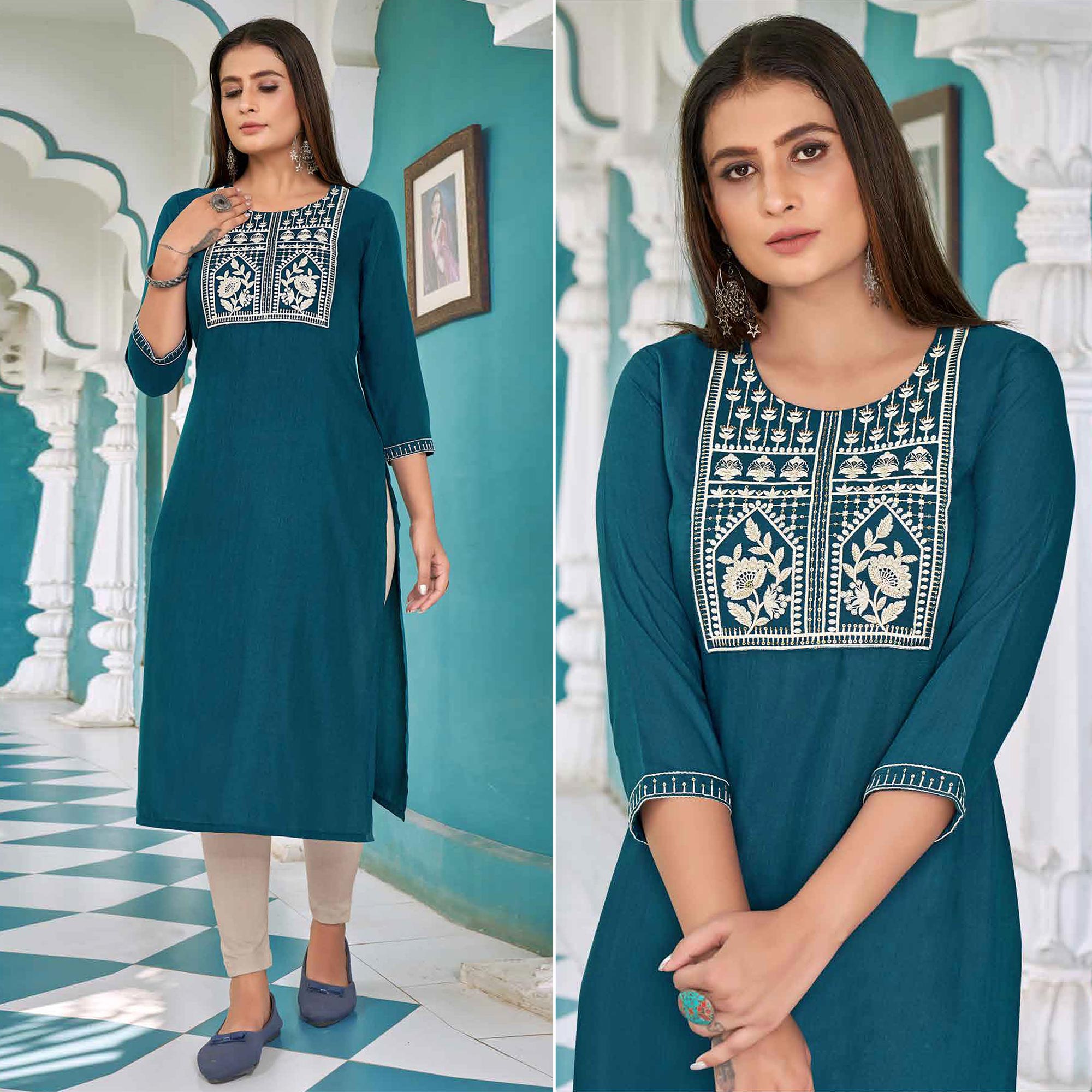 Blue Floral Embroidered Rayon Kurti