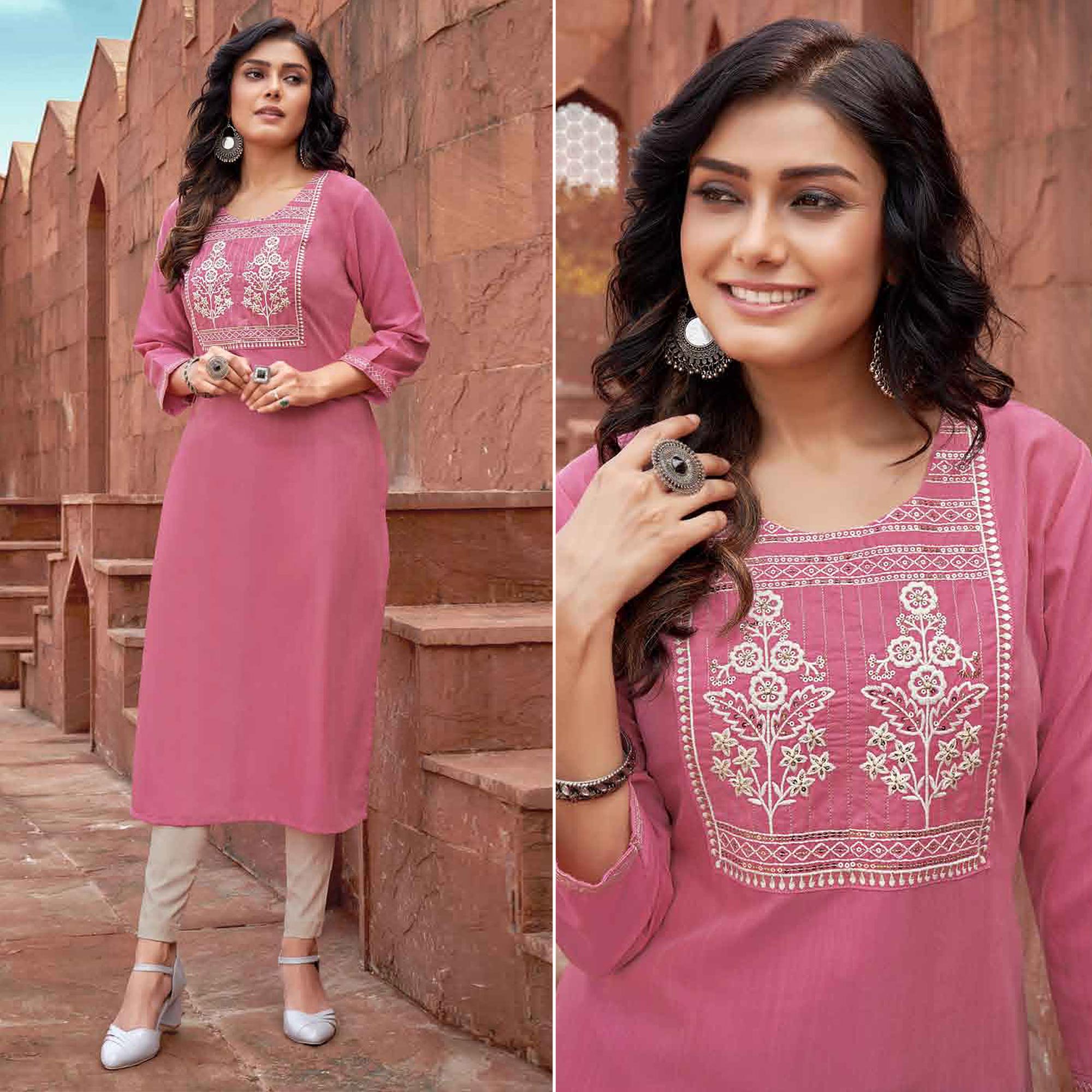 Pink Floral Embroidered Rayon Kurti