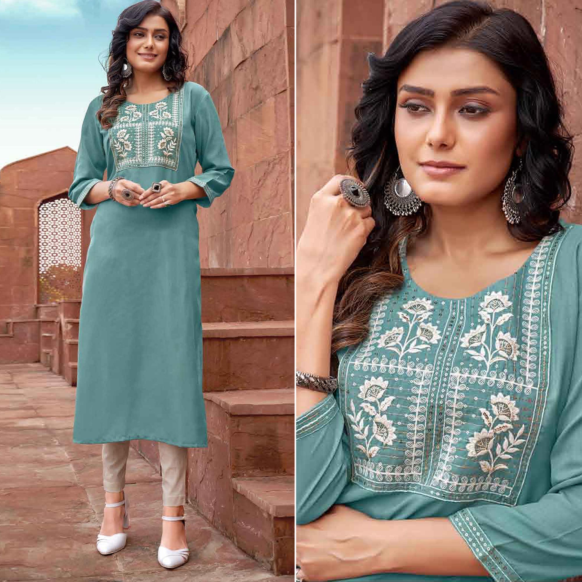 Blue Floral Embroidered Rayon Kurti