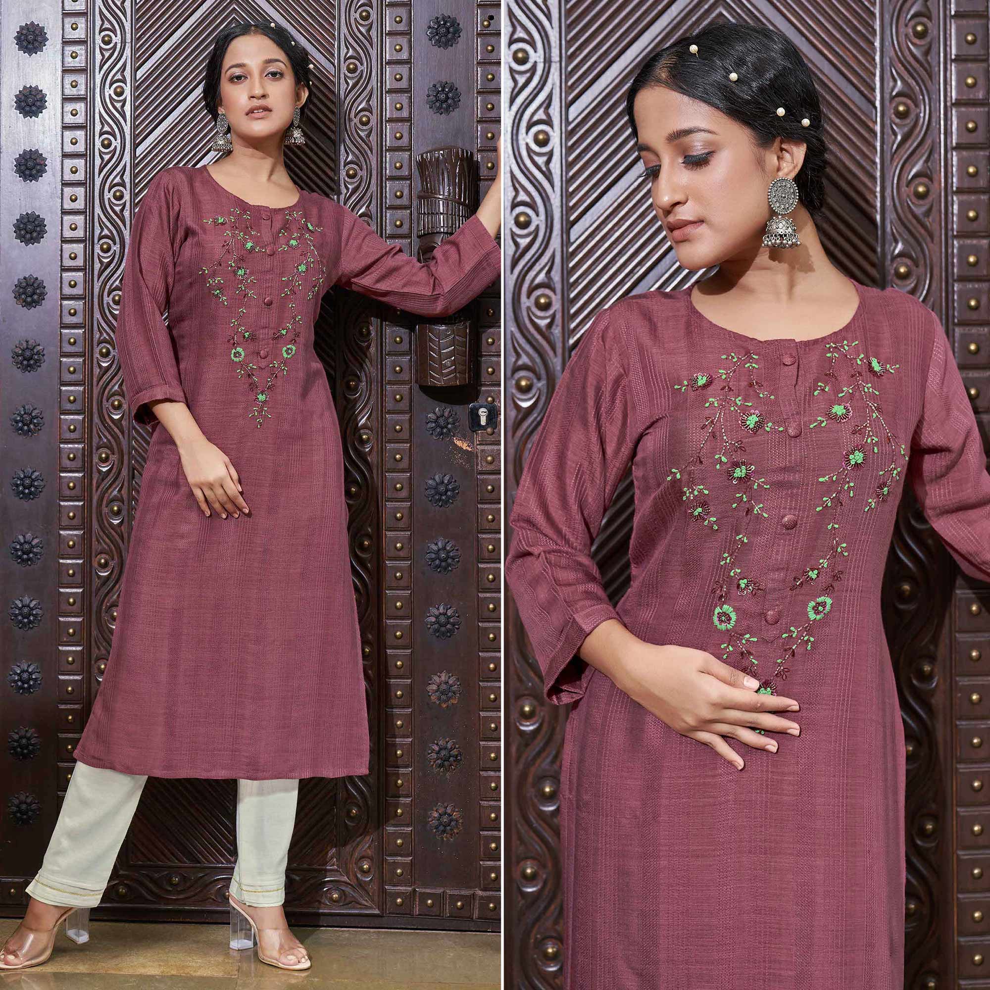 Dark Mauve  Floral Embroidered Rayon Kurti