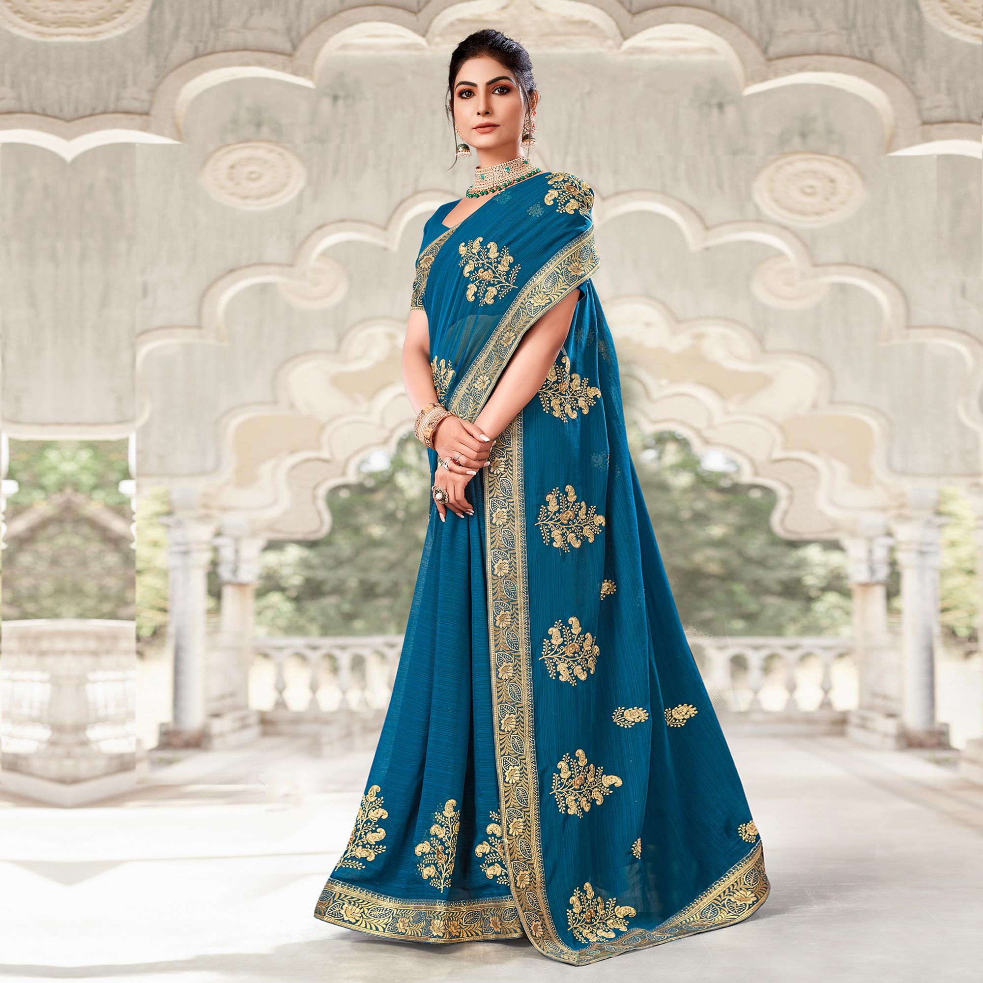 Teal Blue Floral Embroidered Georgette Saree