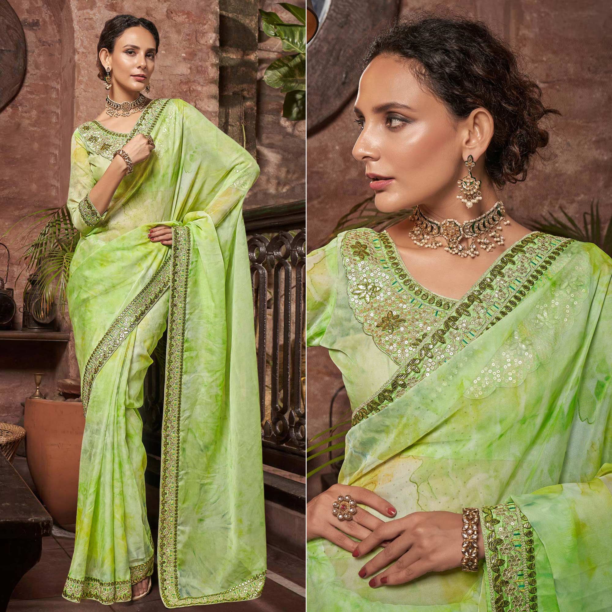 Green Abstract Printed With Embroidered Organza Saree