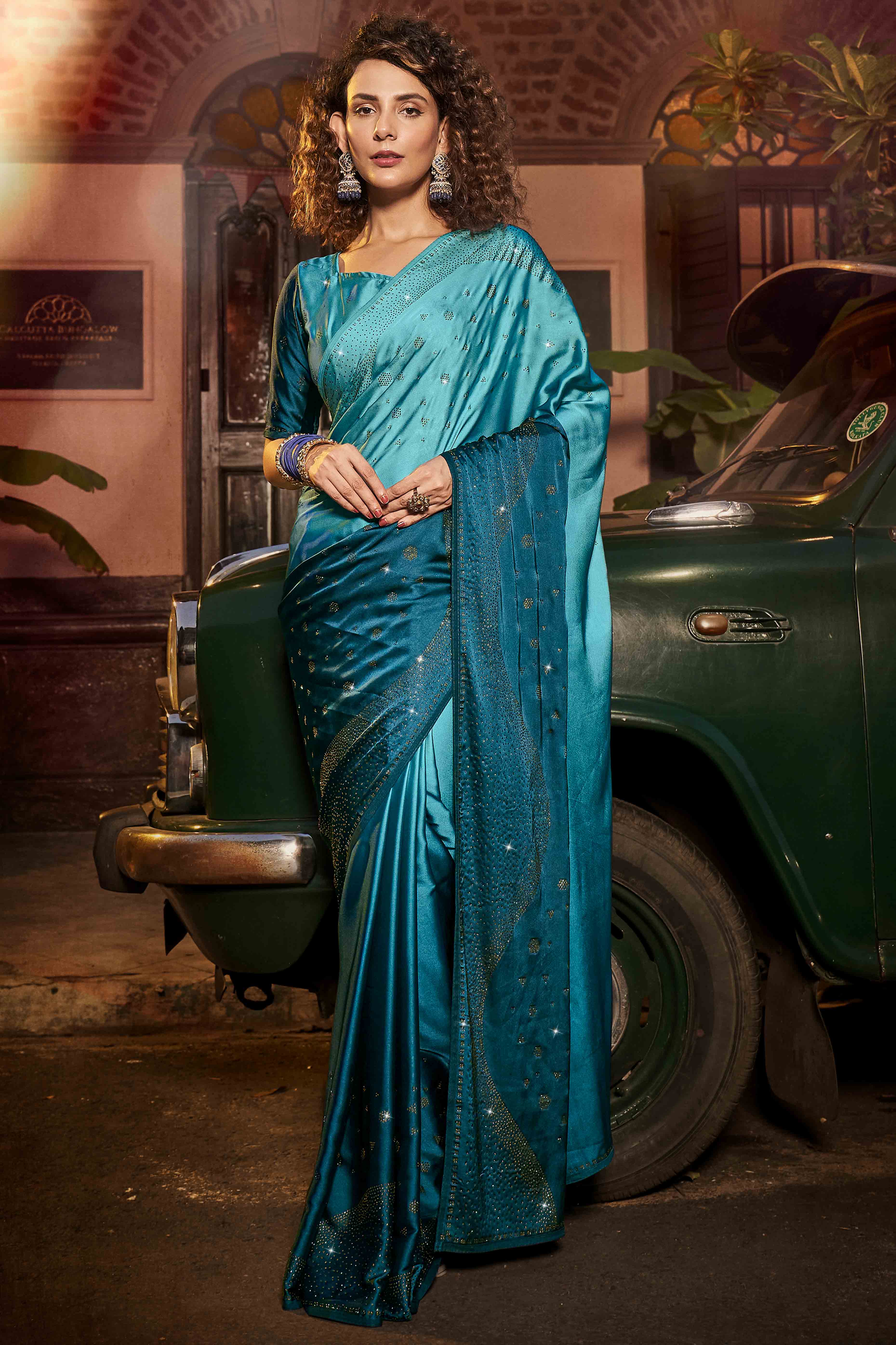 Teal Swarovski Work Embroidered Ombre Satin Saree
