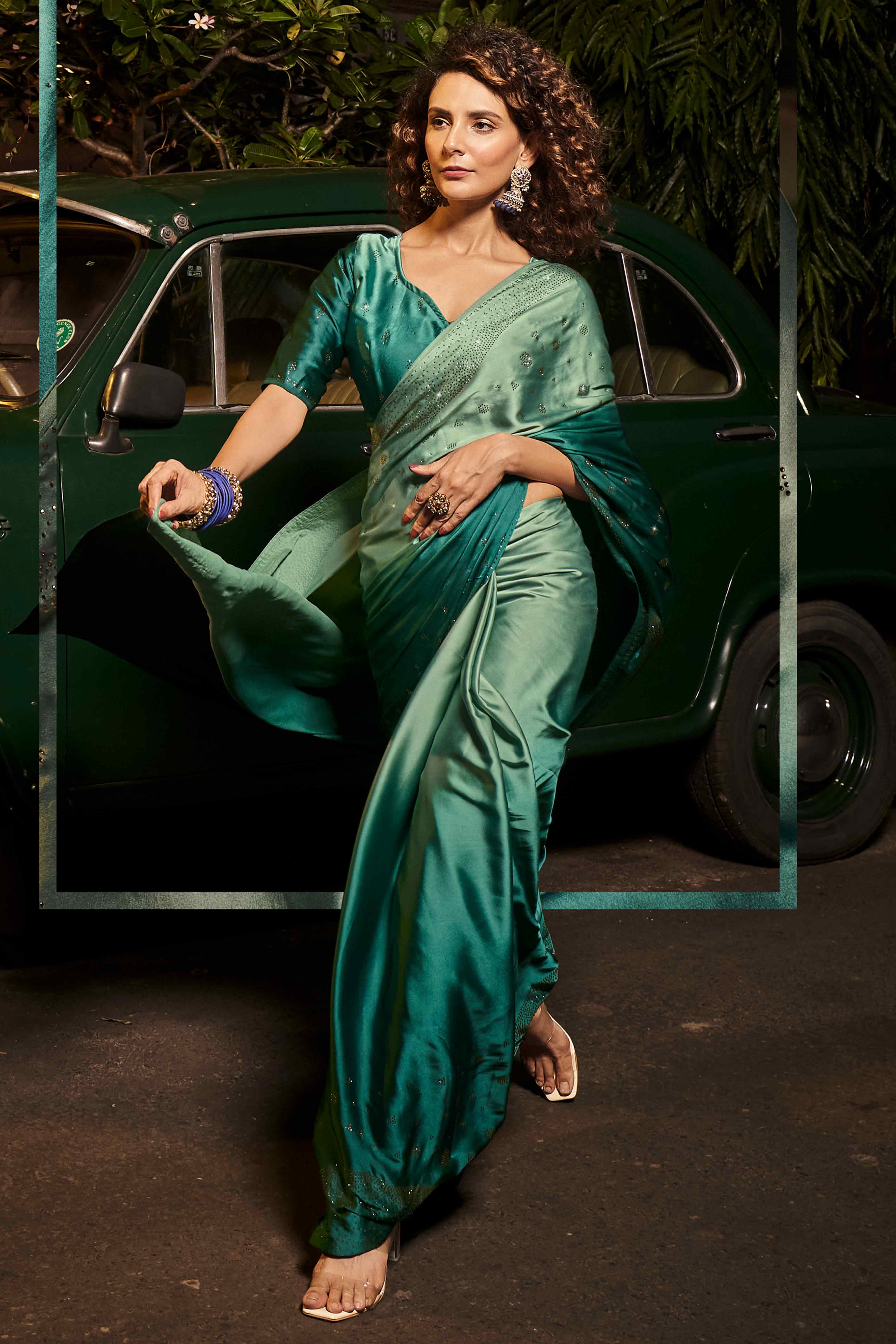 Green Swarovski Work Embroidered Ombre Satin Saree