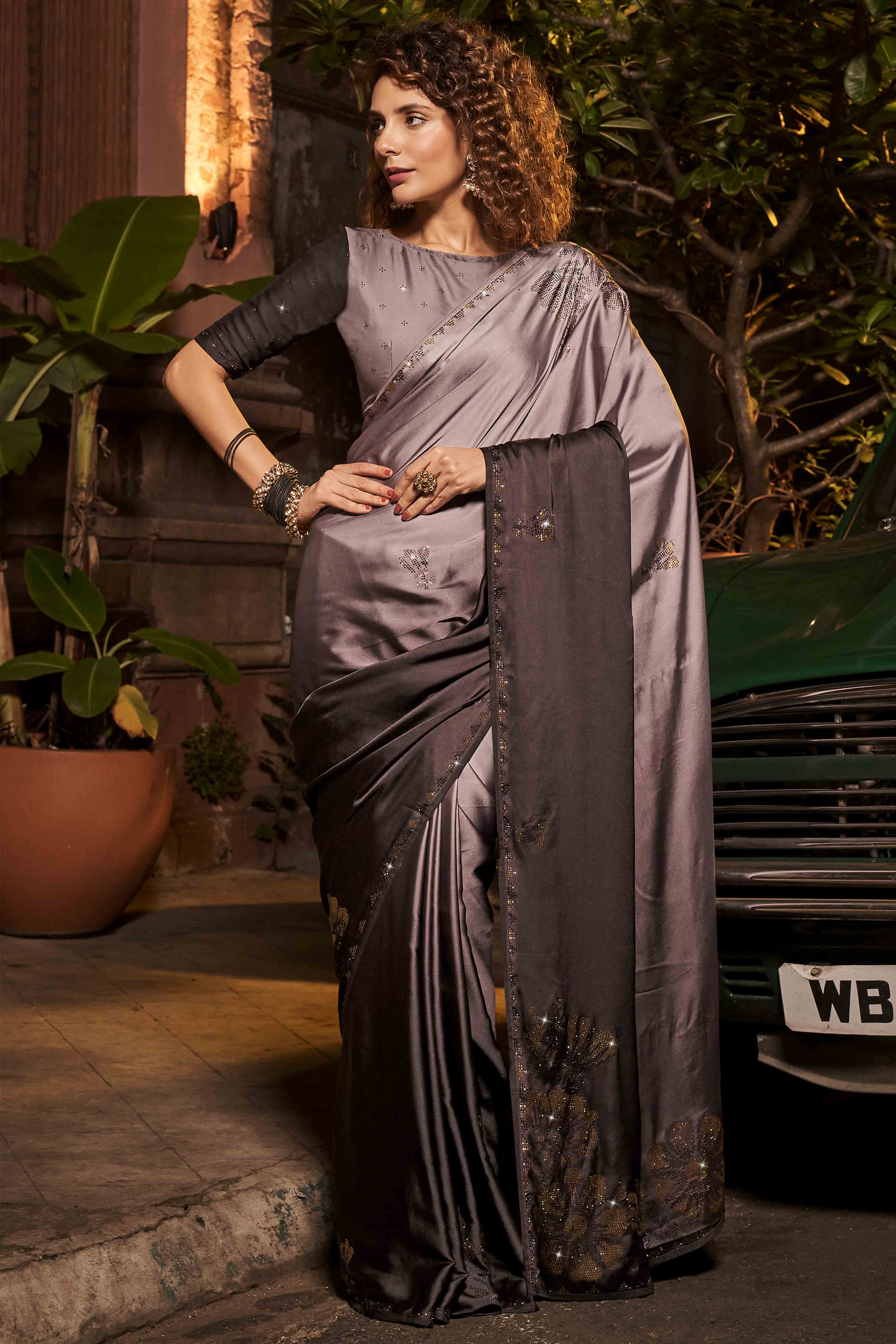 Woody Brown Swarovski Work Embroidered Ombre Satin Saree