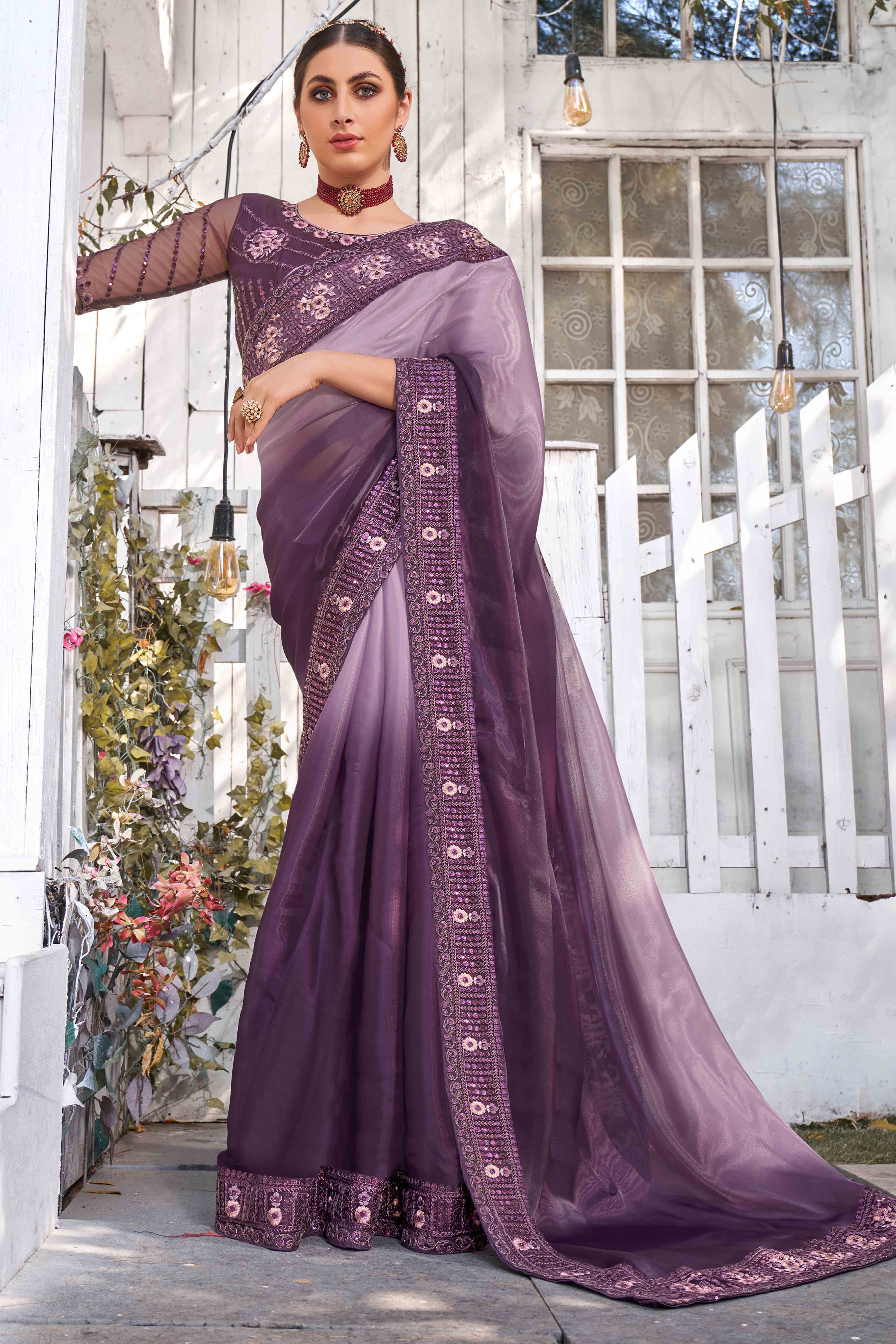 Purple Sequins With Floral Embroidered Georgette Saree