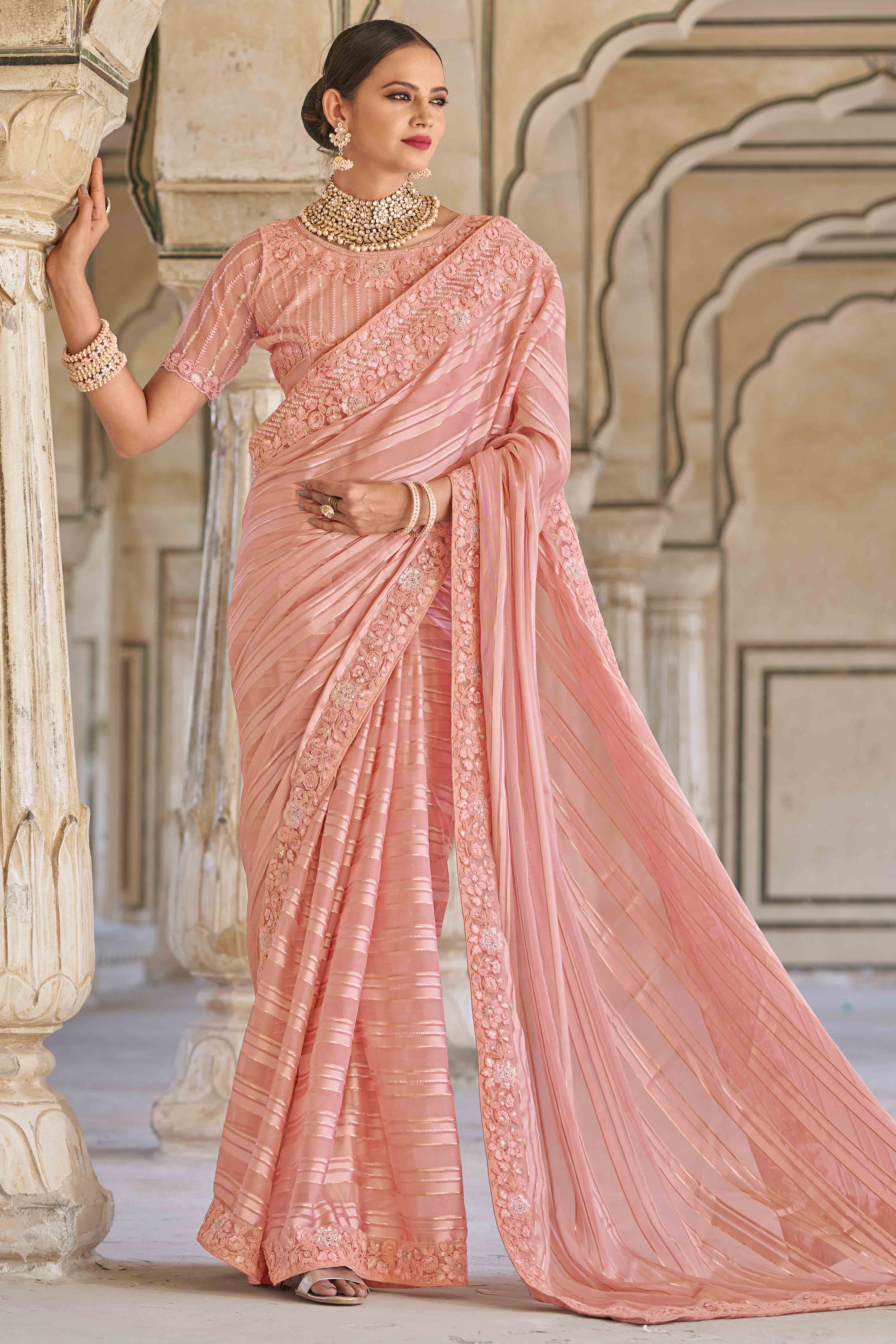 Peach Sequins Embroidered Georgette Saree