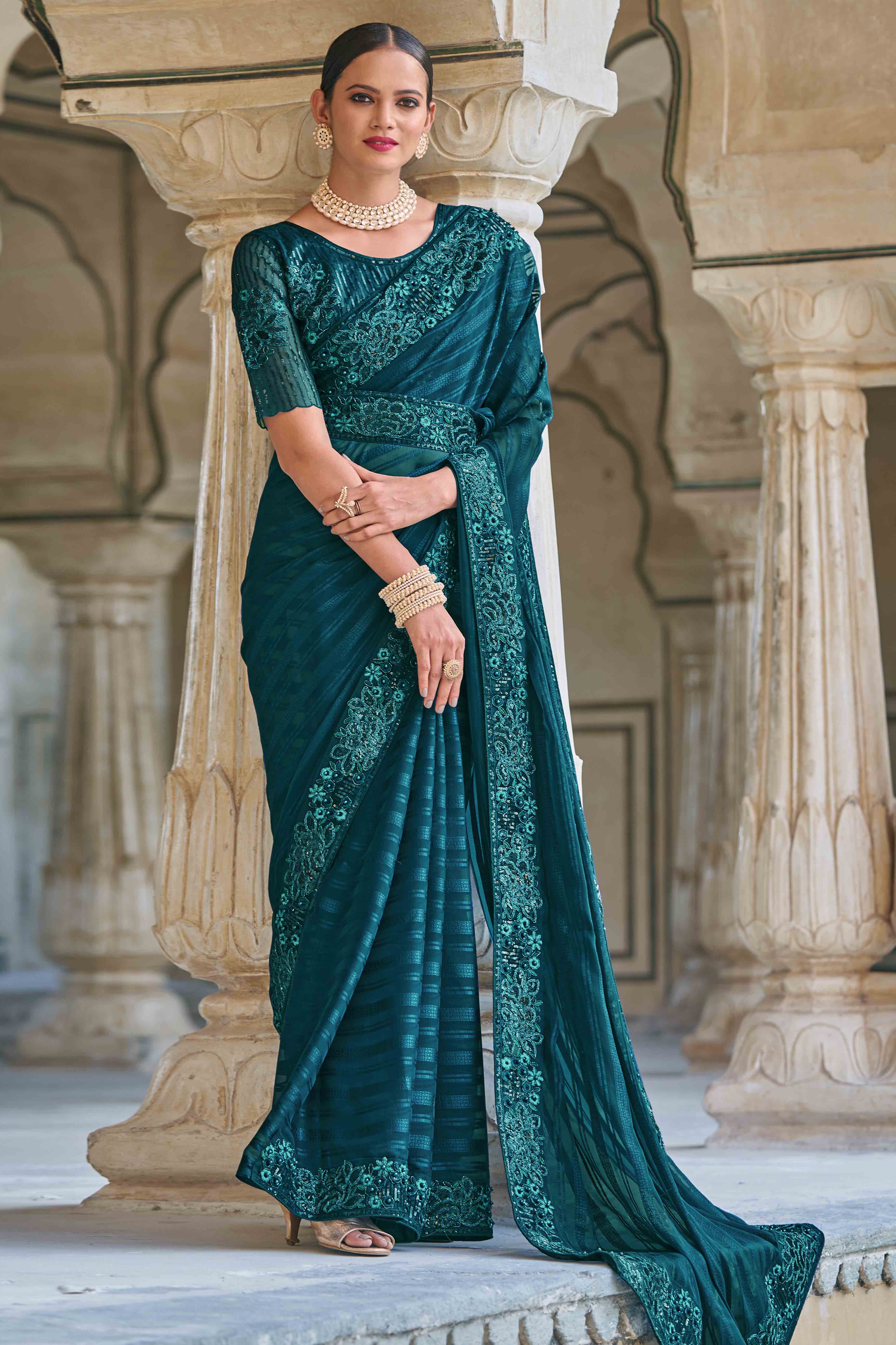 Morpich Green Sequins Embroidered Georgette Saree