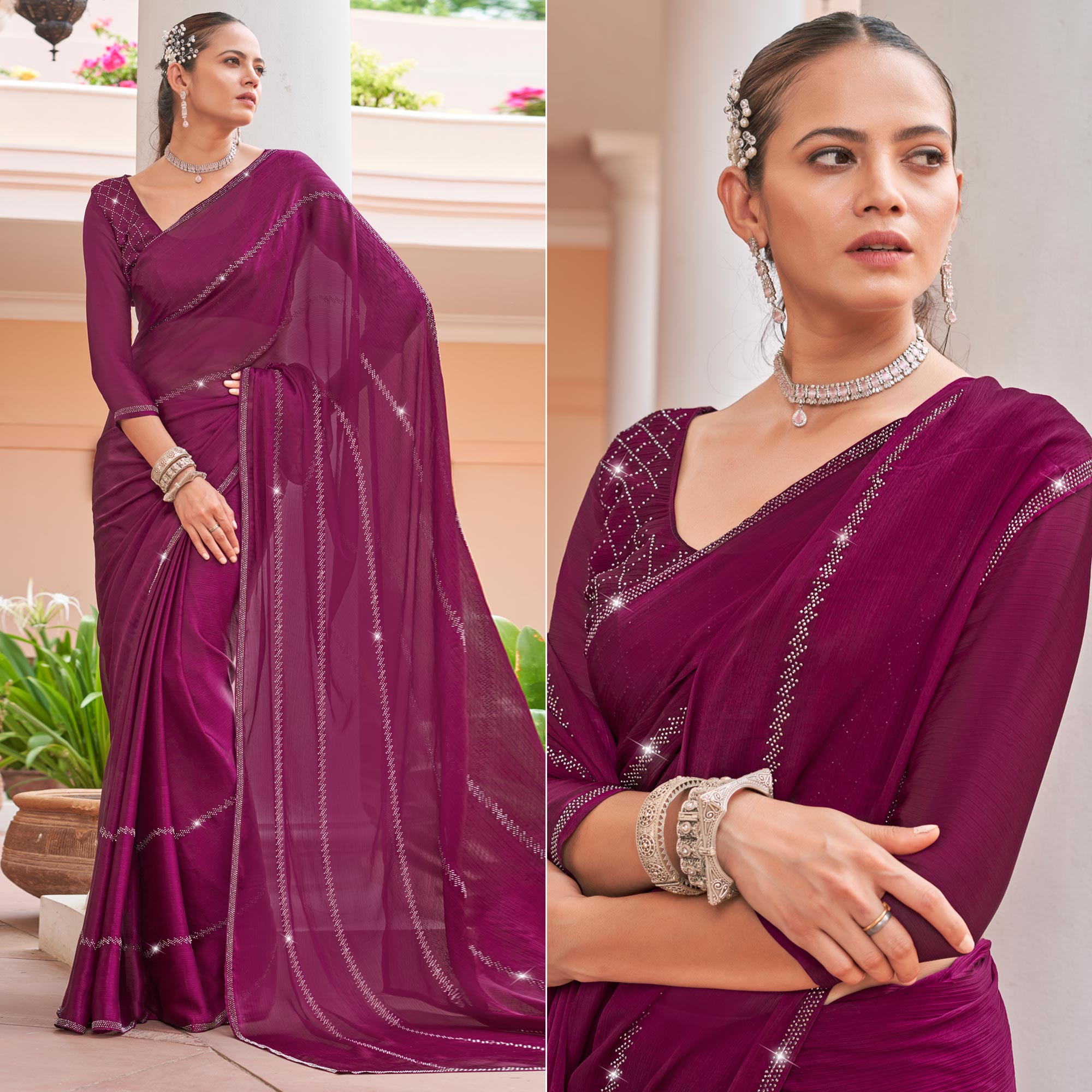 Purple Swarovski Work Georgette Saree