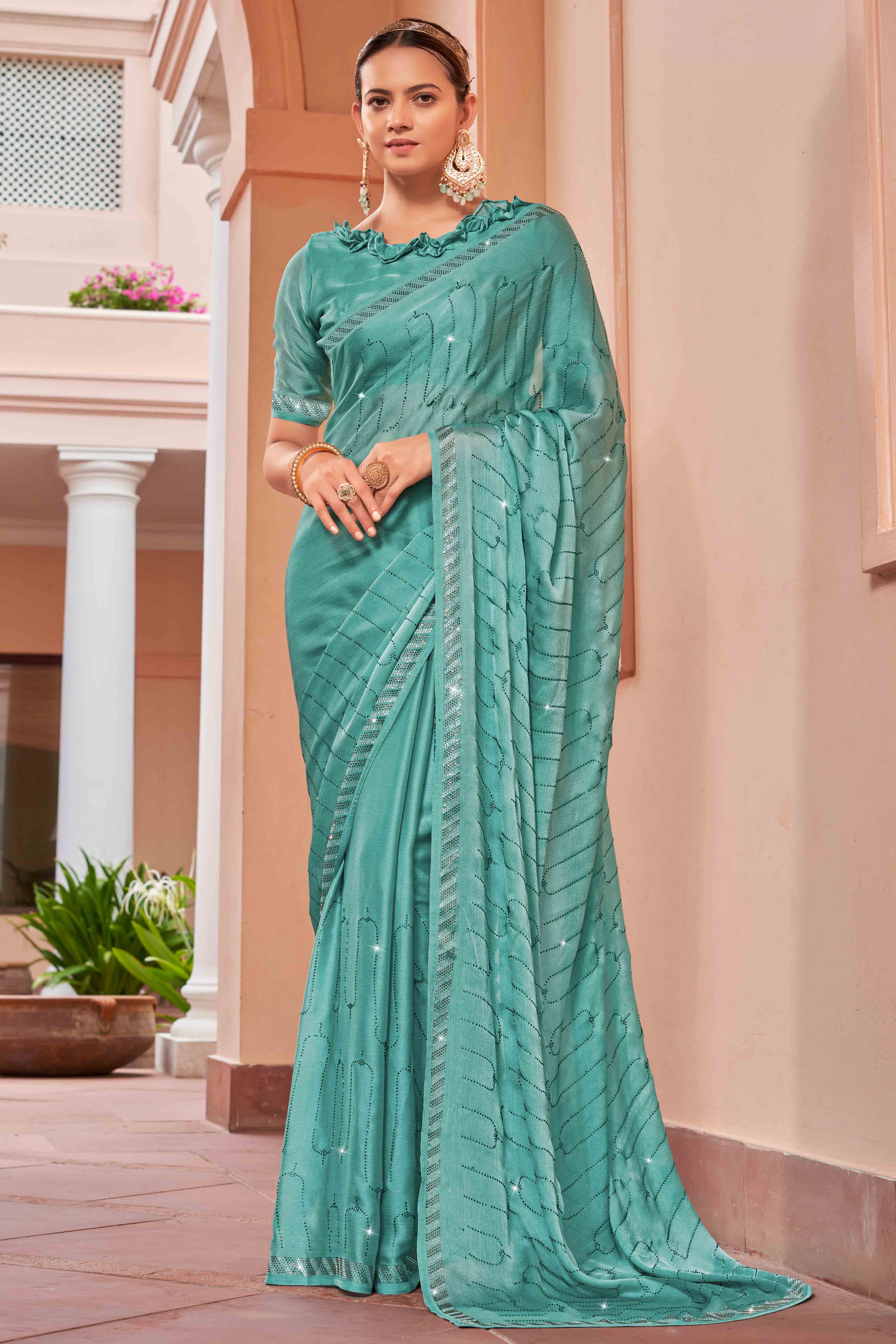 Turquoise Swarovski Work Embroidered Satin Saree