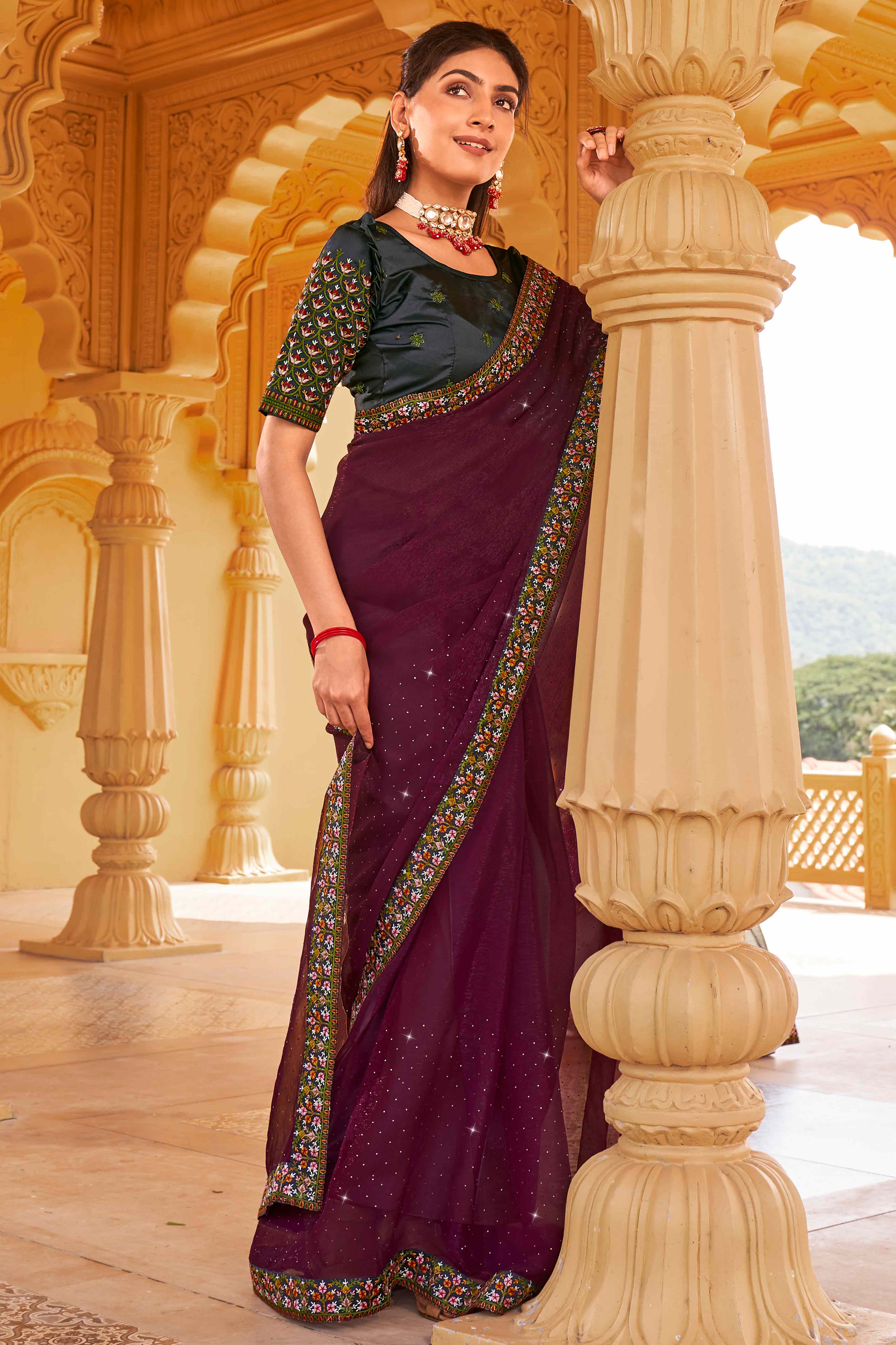 Wine Swarovski Work Embroidered Shimmer Saree