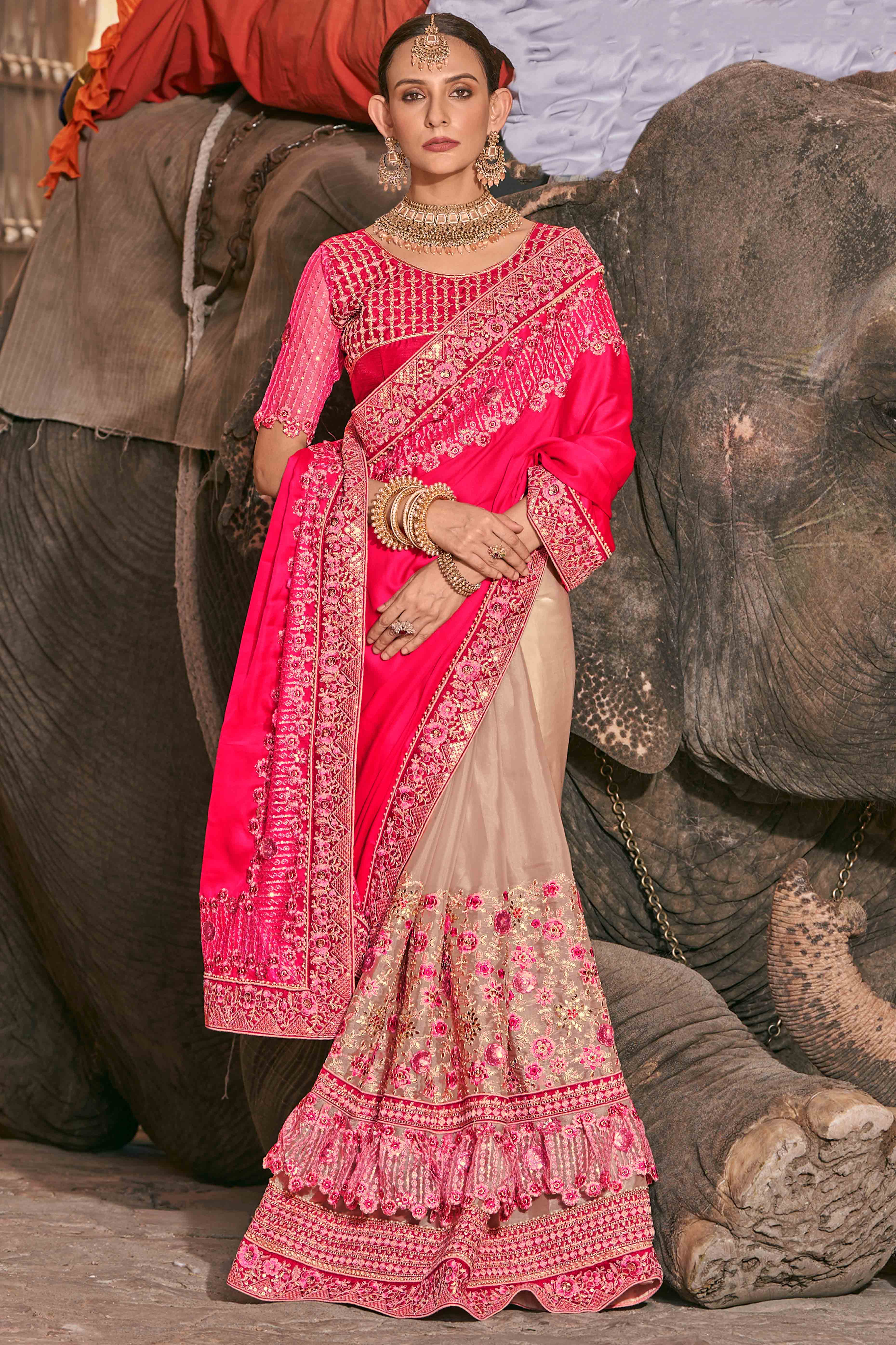 Pink And Peach Sequins With Floral Embroidered Organza Saree