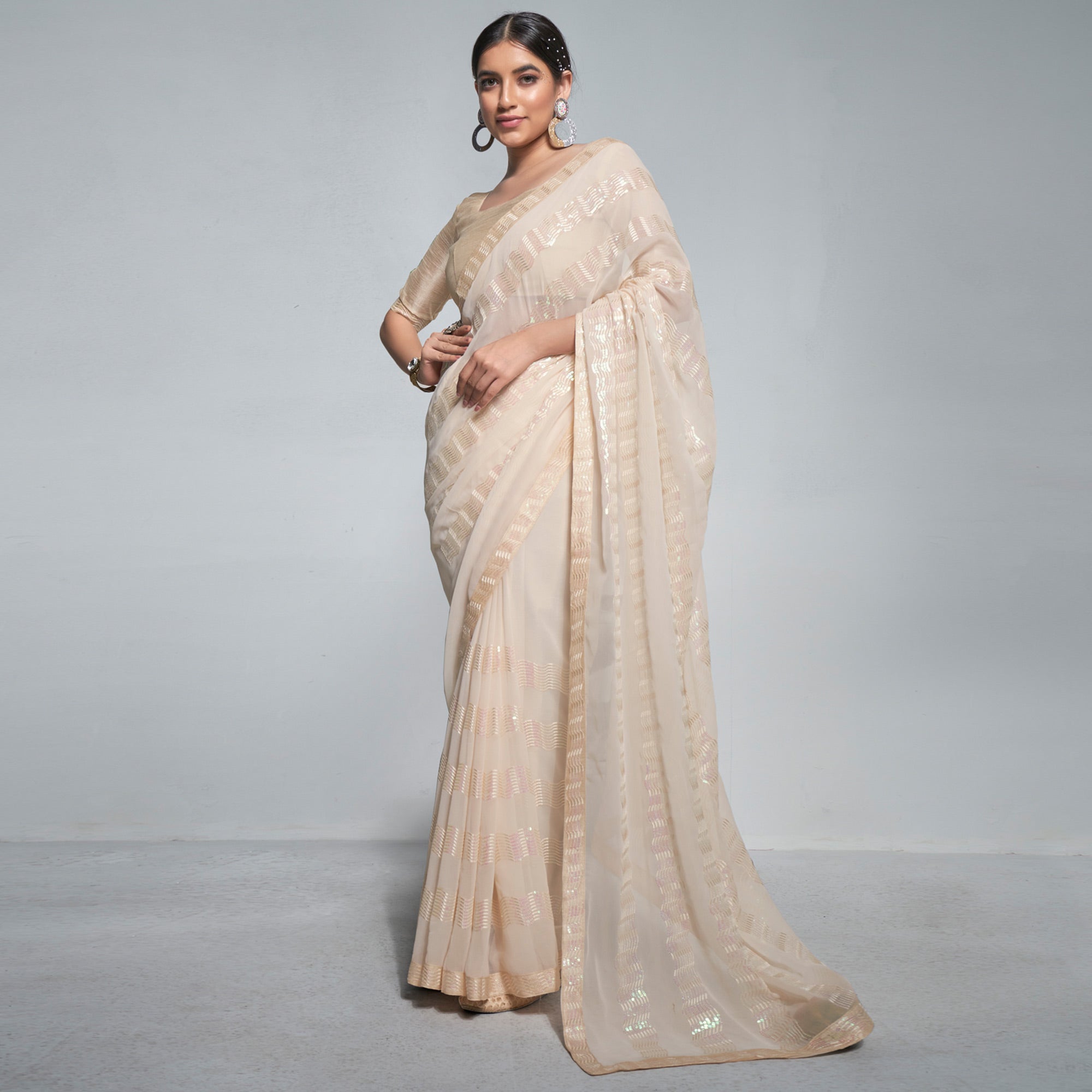 Beige Sequins Embroidered Georgette Saree