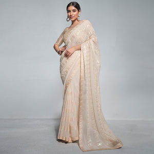 Beige Sequins Embroidered Georgette Saree