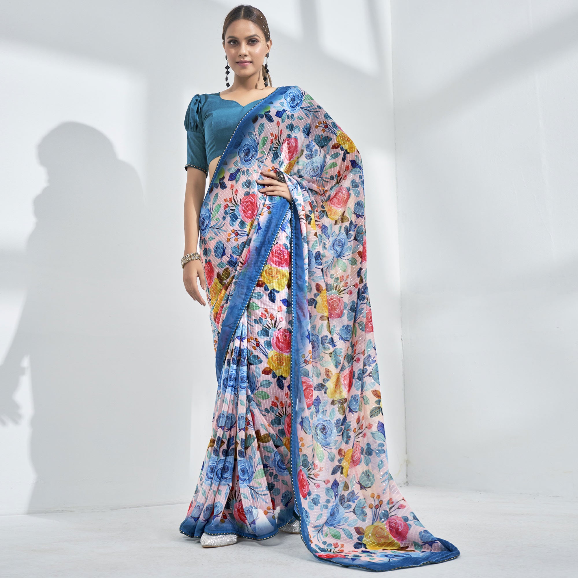 Pink & Blue Floral Print Georgette Saree