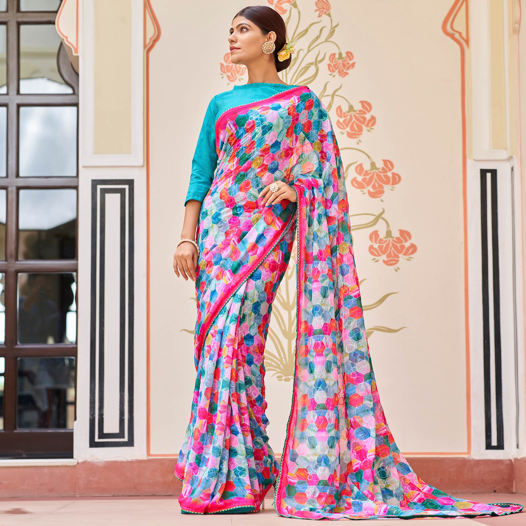 Multicolor Sequins Embroidered Georgette Saree