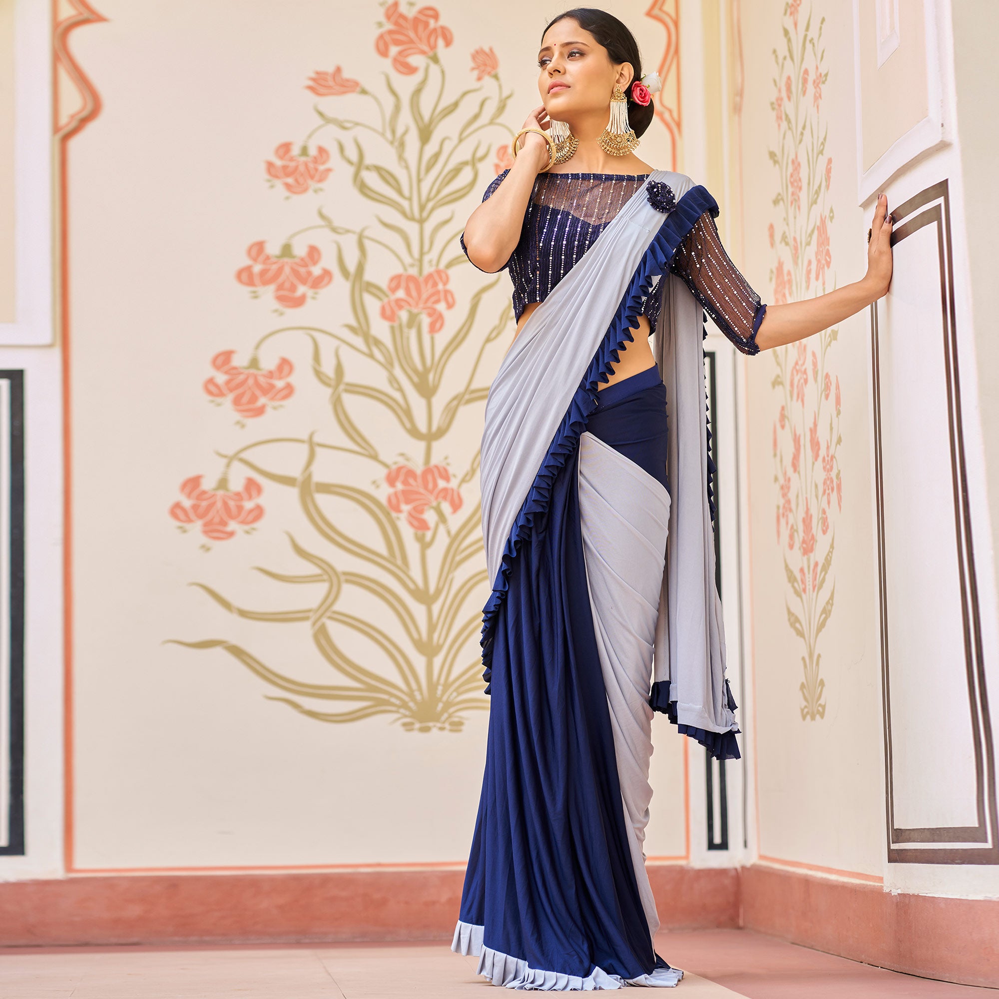 Blue And Grey Half Half Lycra Ready To Wear Saree