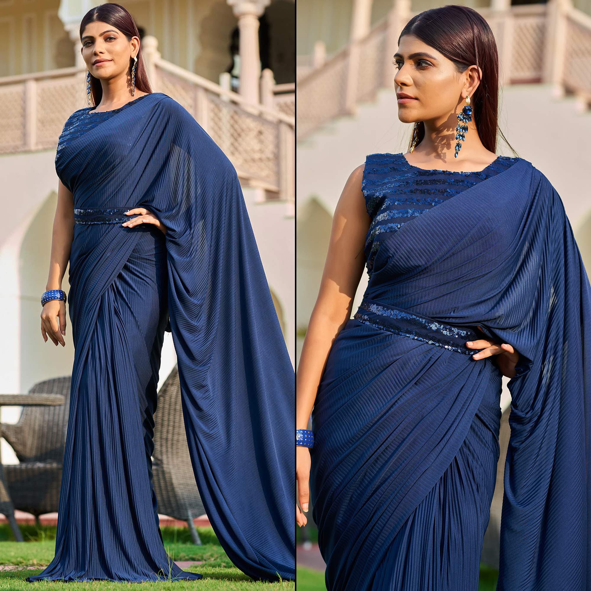 Navy Blue Lycra Crush Design Ready To Wear Saree