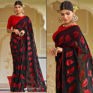 Black & Red Sequins Embroidered Georgette Saree
