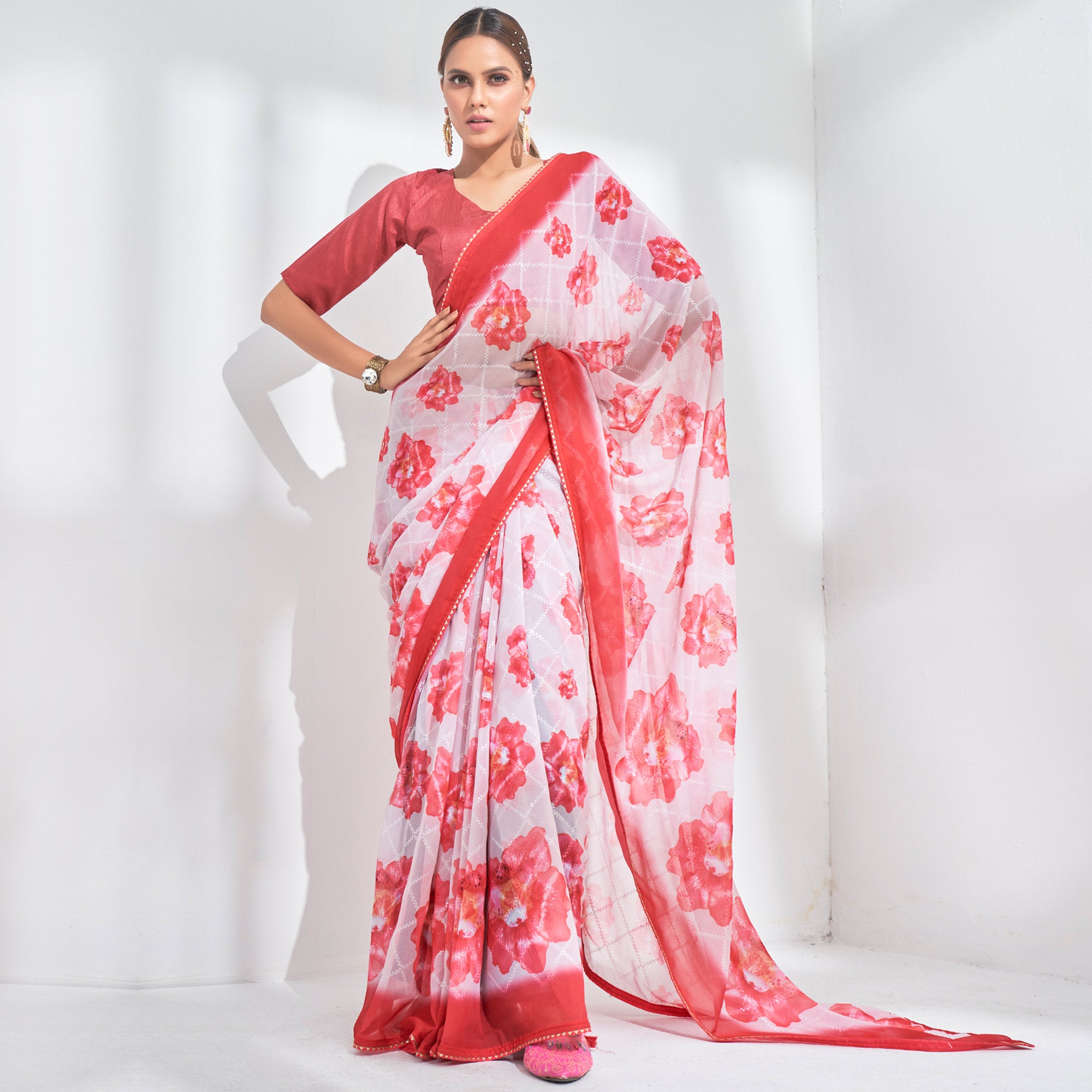 White And Pink Sequins Embroidered Georgette Saree