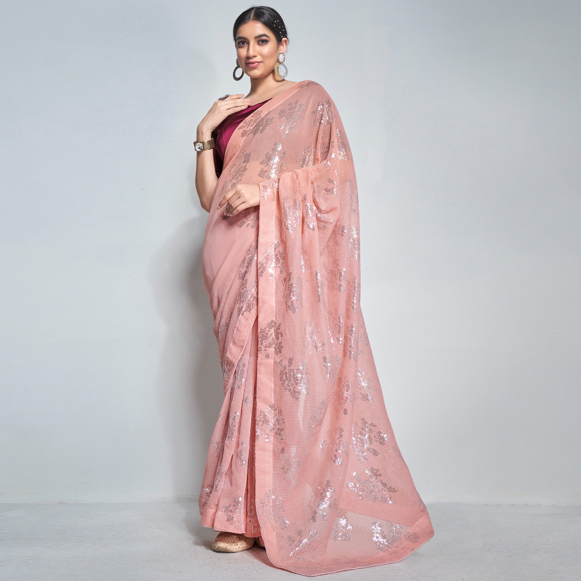 Peach Sequins Embroidered Georgette Saree