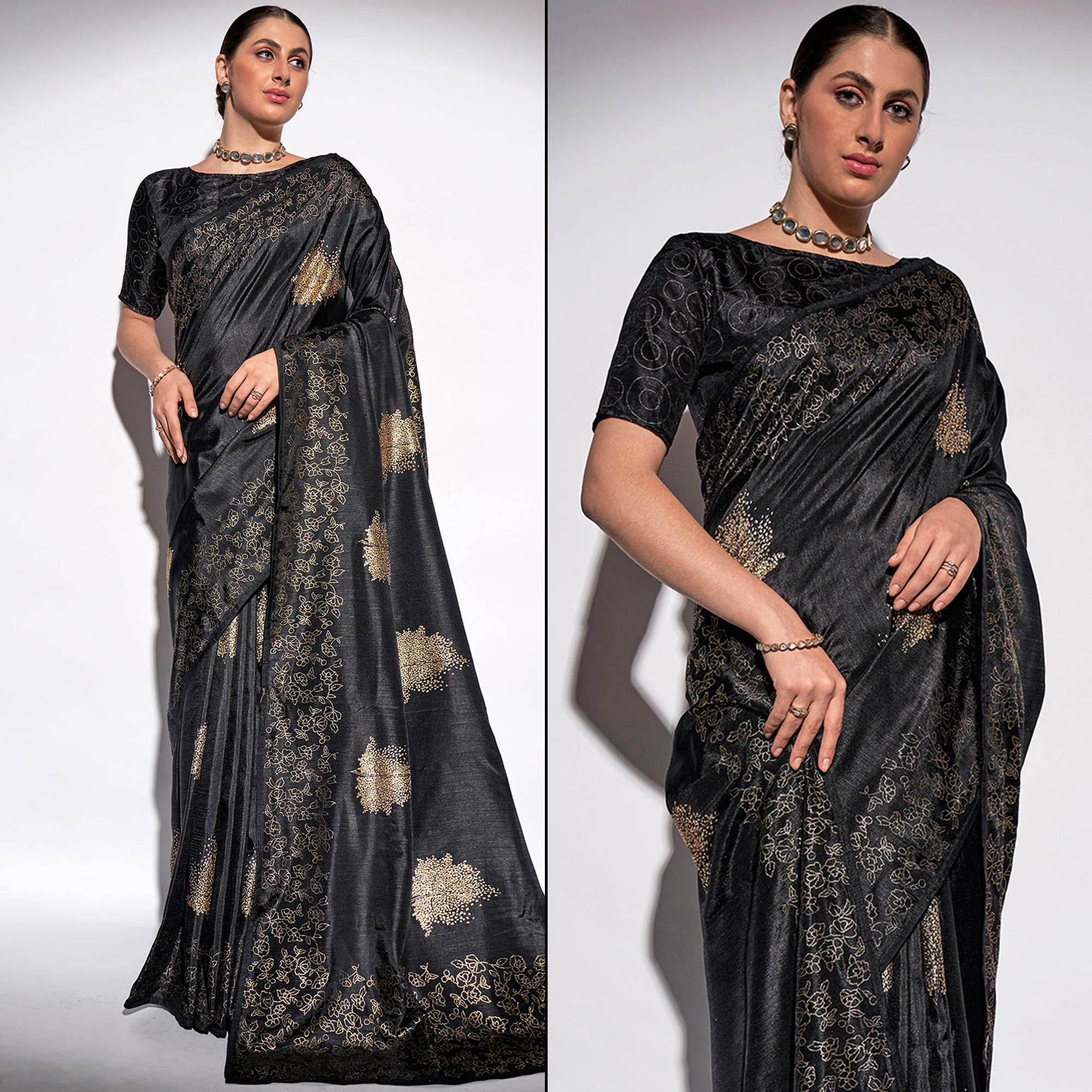 Black Foil Print Georgette Fabric Saree