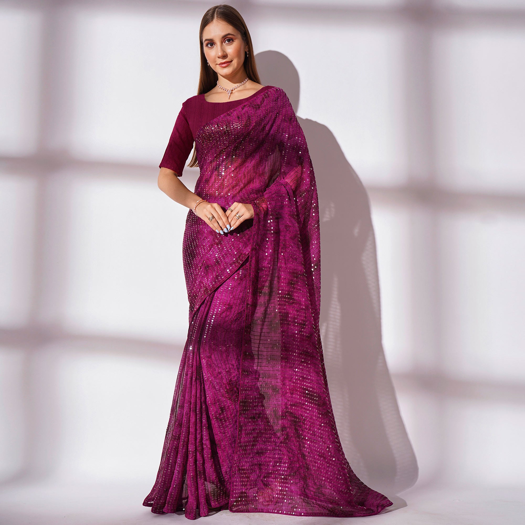 Wine Ombre Print Sequence Work Georgette Saree
