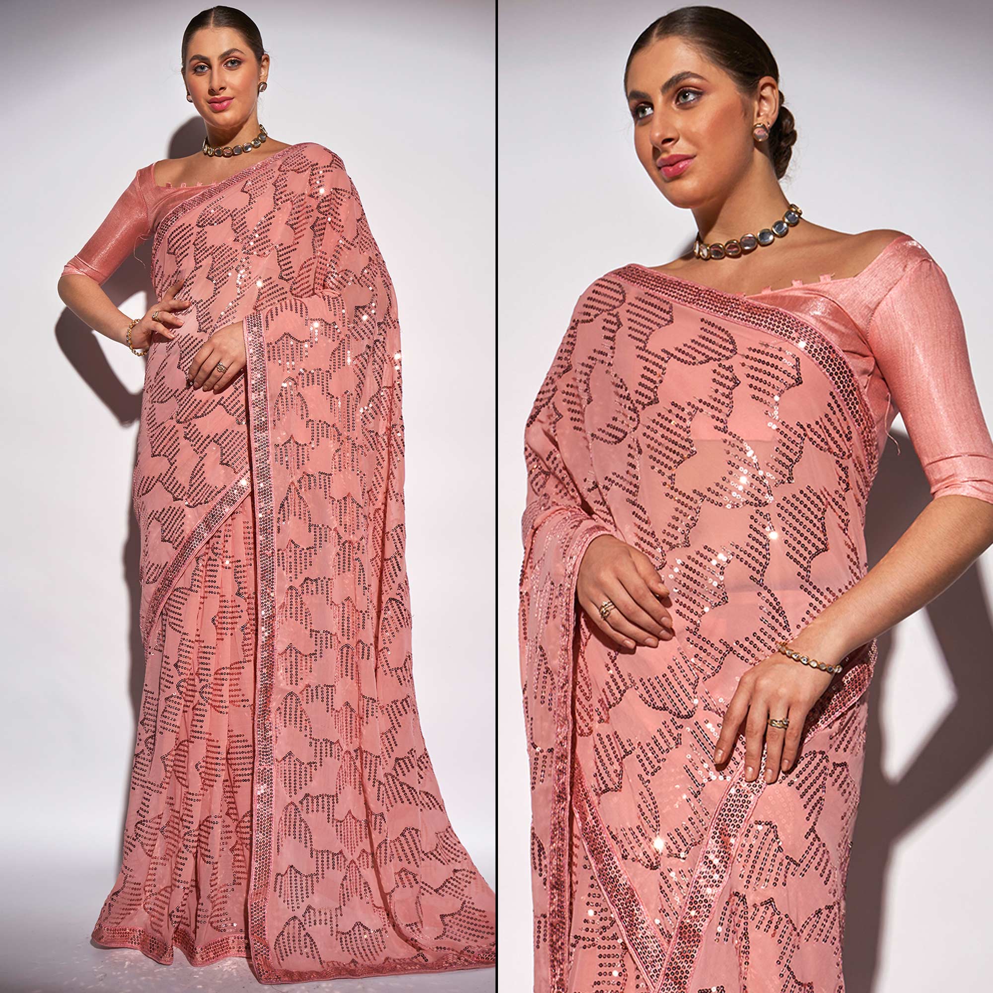 Peach Sequins Embroidered Georgette Saree
