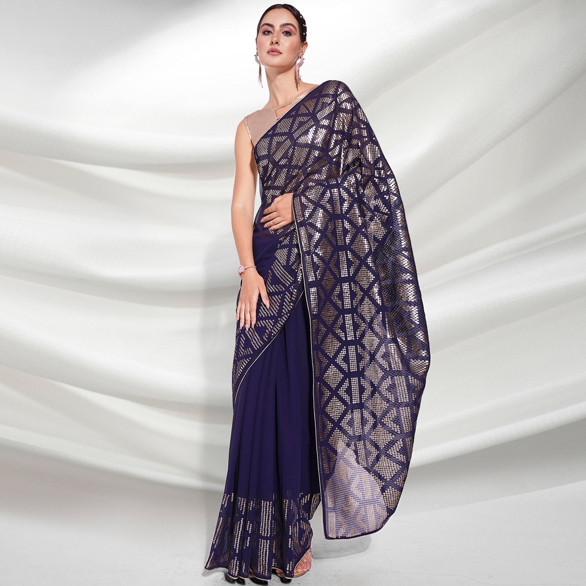 Navy Blue Sequins Embroidered Georgette Saree