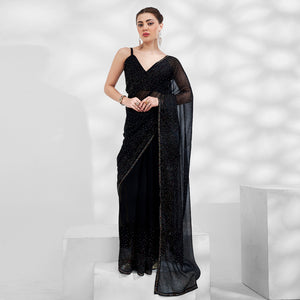 Black Embroidered Swaroski Work Chiffon Saree