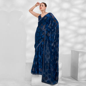 Blue Beads & Stones Embroidered Brasso Saree