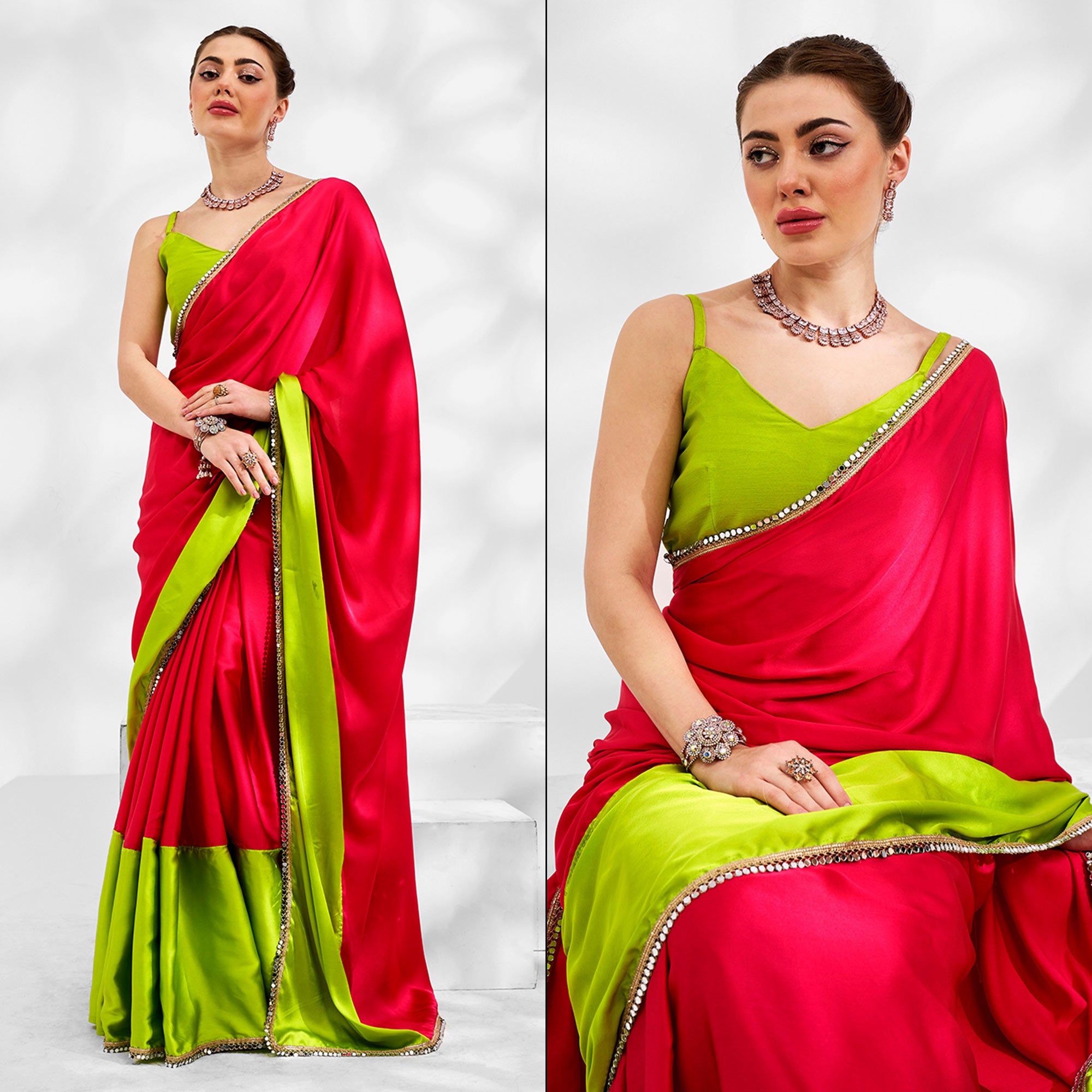 Pink & Green Solid Pure Silk Saree With Mirror Work Border