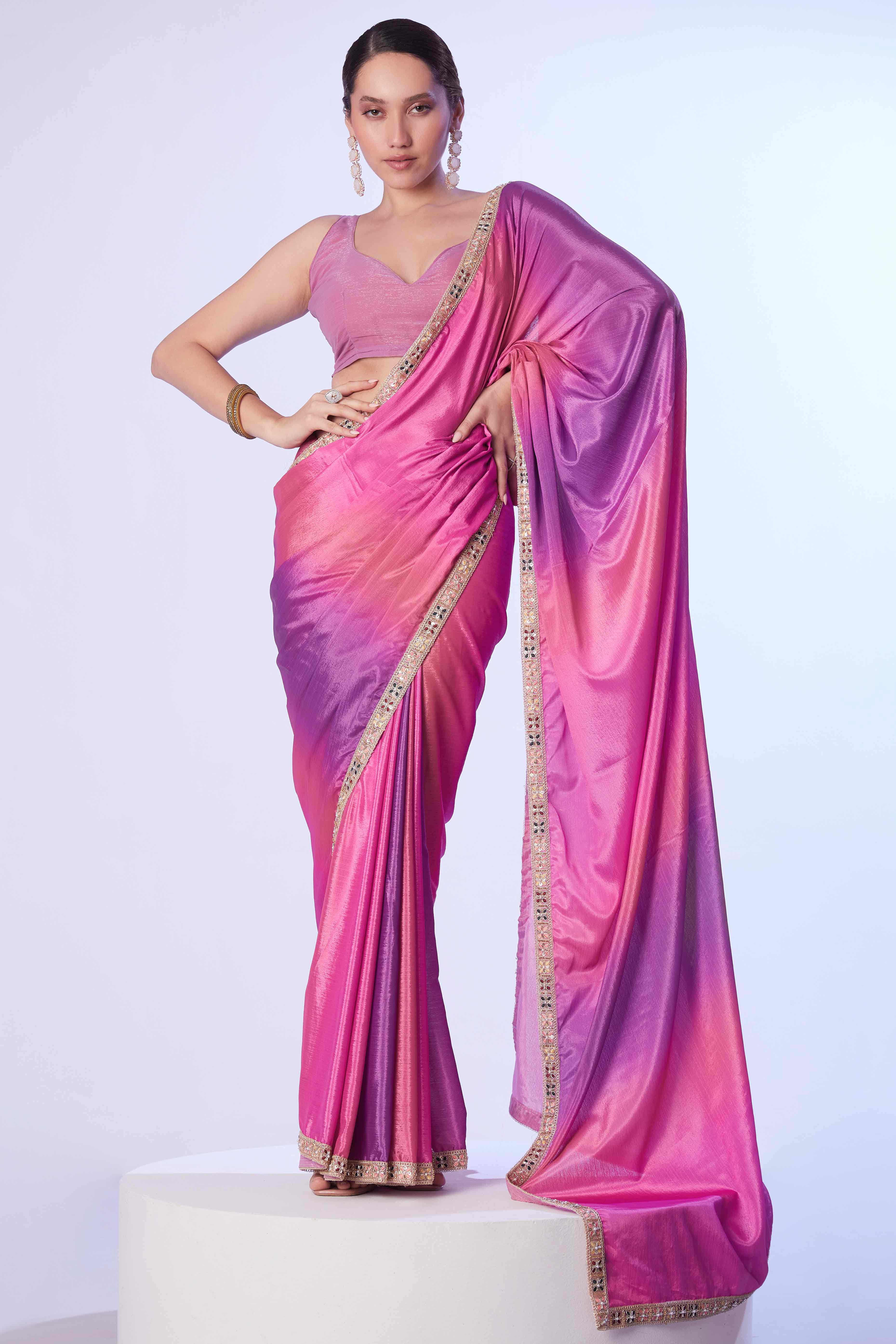 Pink Ombre Bliss Chinon Solid Saree