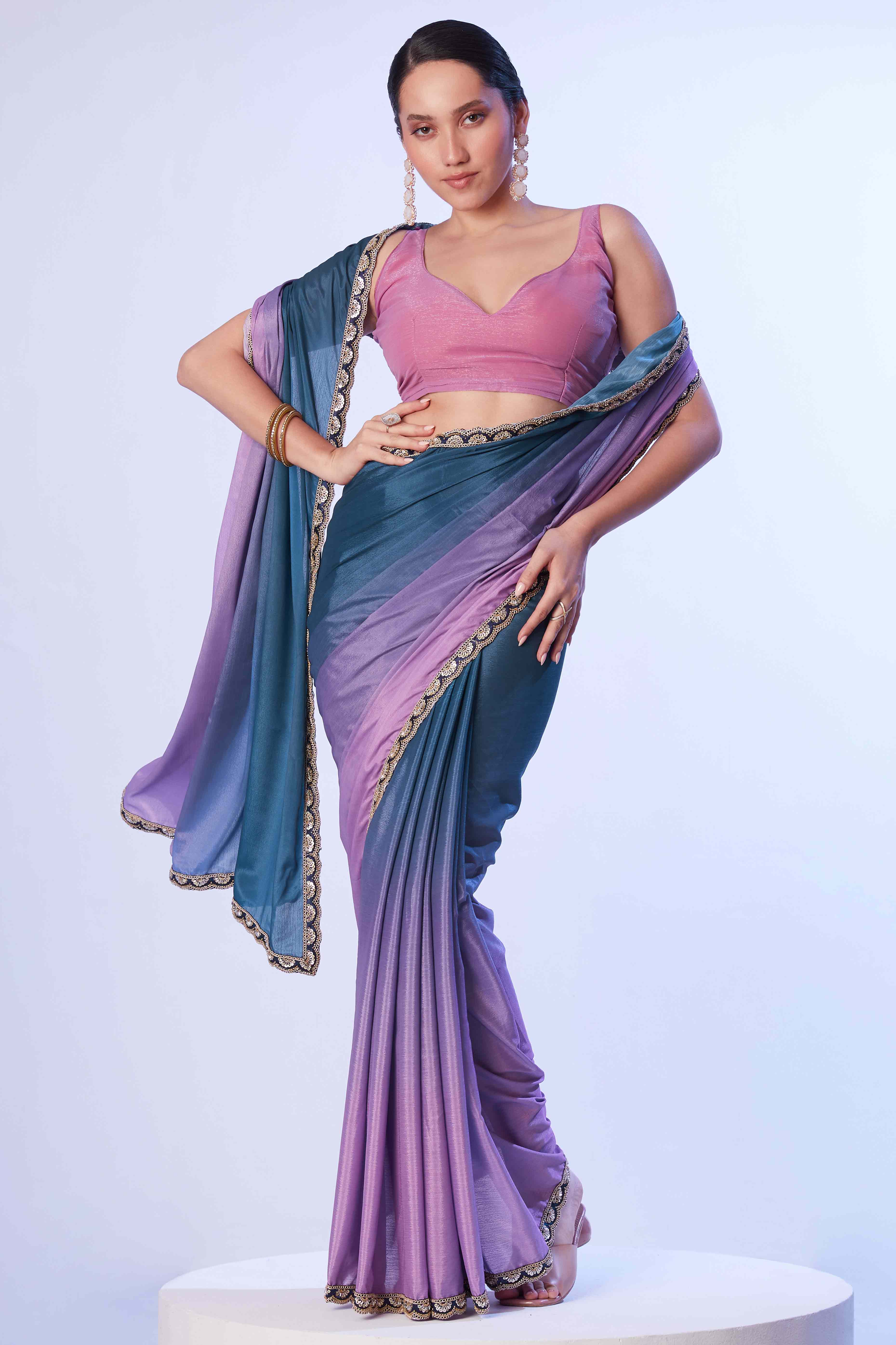 Blue & Purple Ombre Bliss Chinon Solid Saree