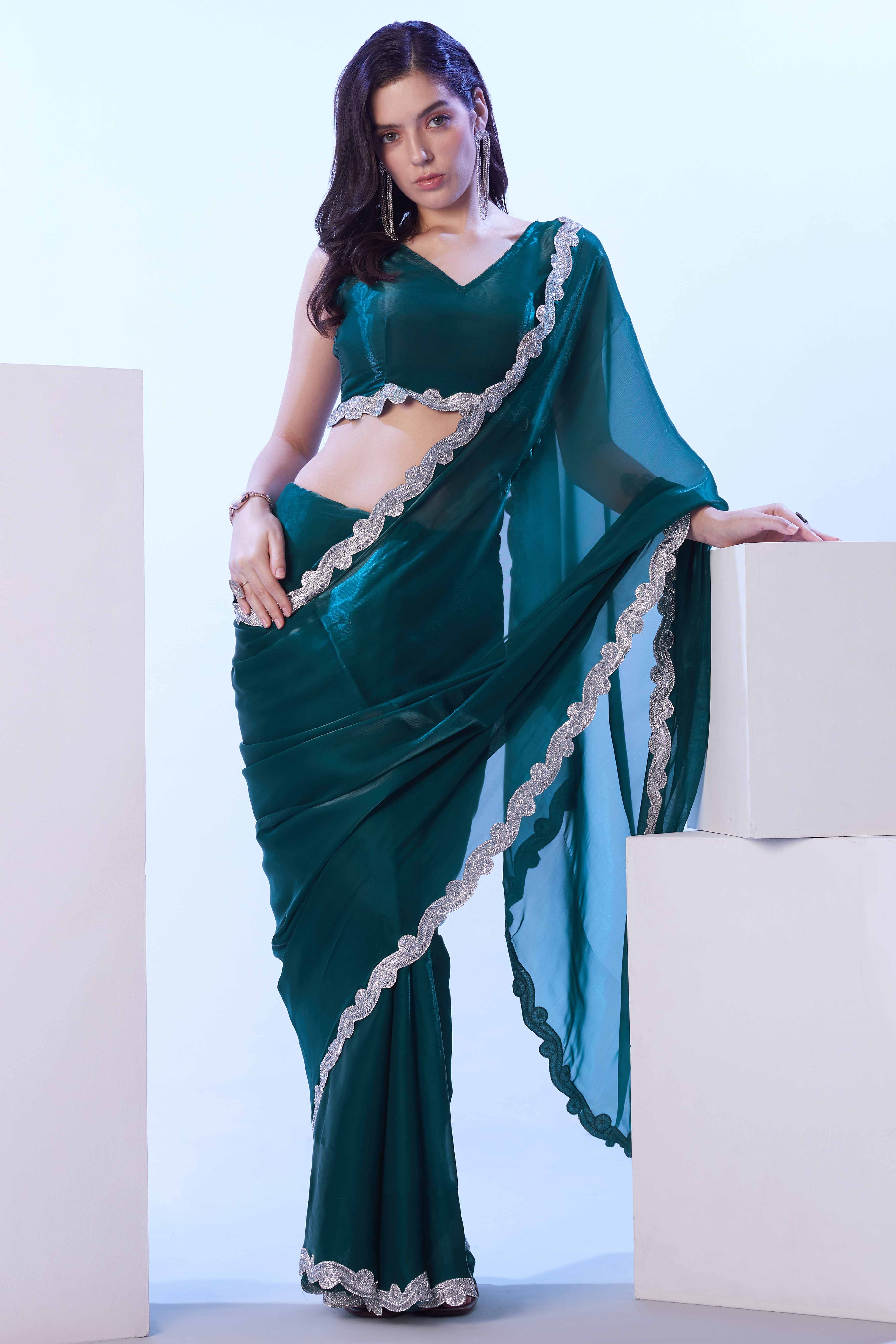 Morpich Green Satin Solid Embroidered Saree Adorned with Beads & Stones