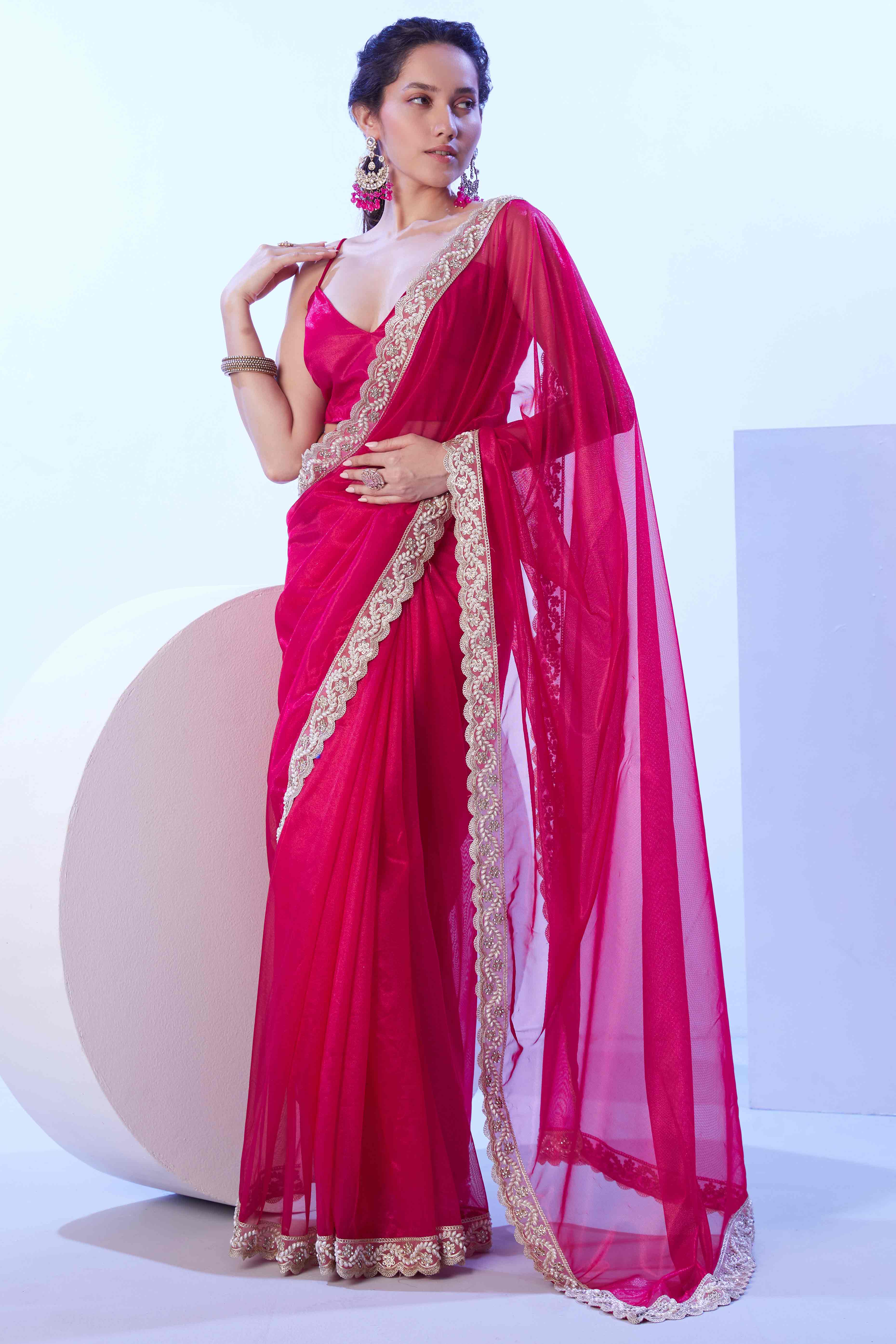 Hot Pink Stone Work Net Solid Embroidered Saree for Party Wear