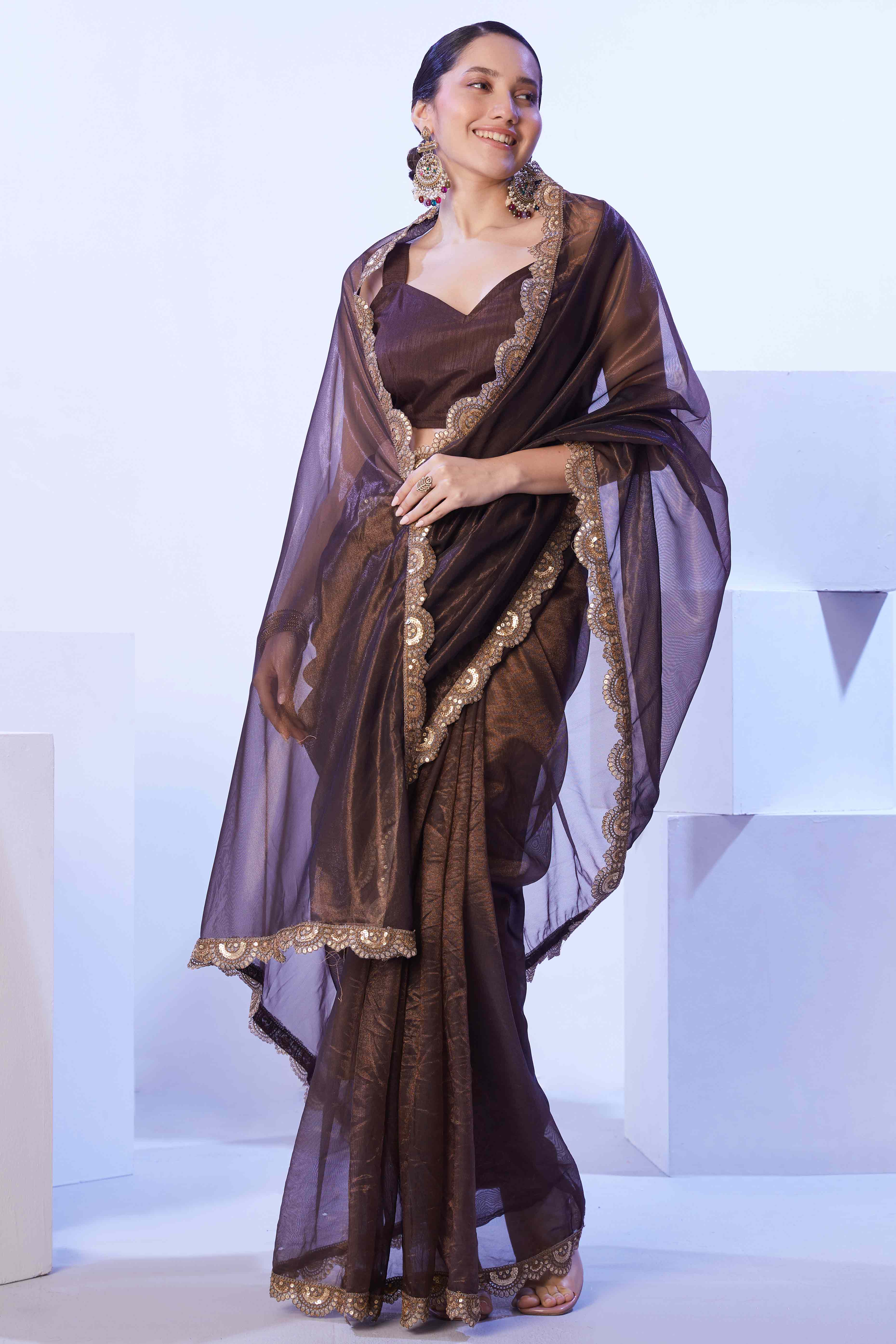 Brown Stone Work Net Solid Saree for Party Wear