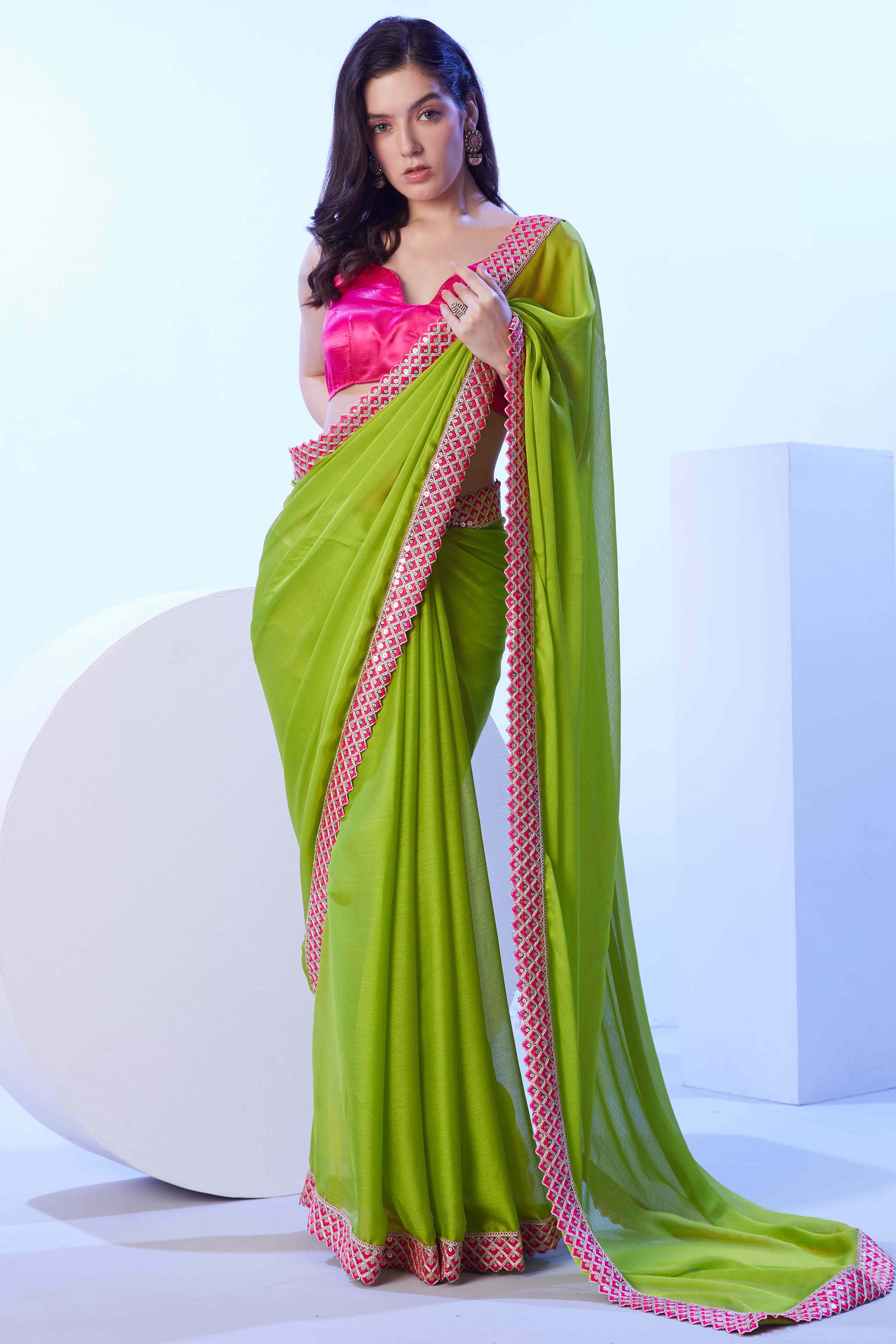 Green Chiffon Solid Saree with Mirror Embroidery On Border
