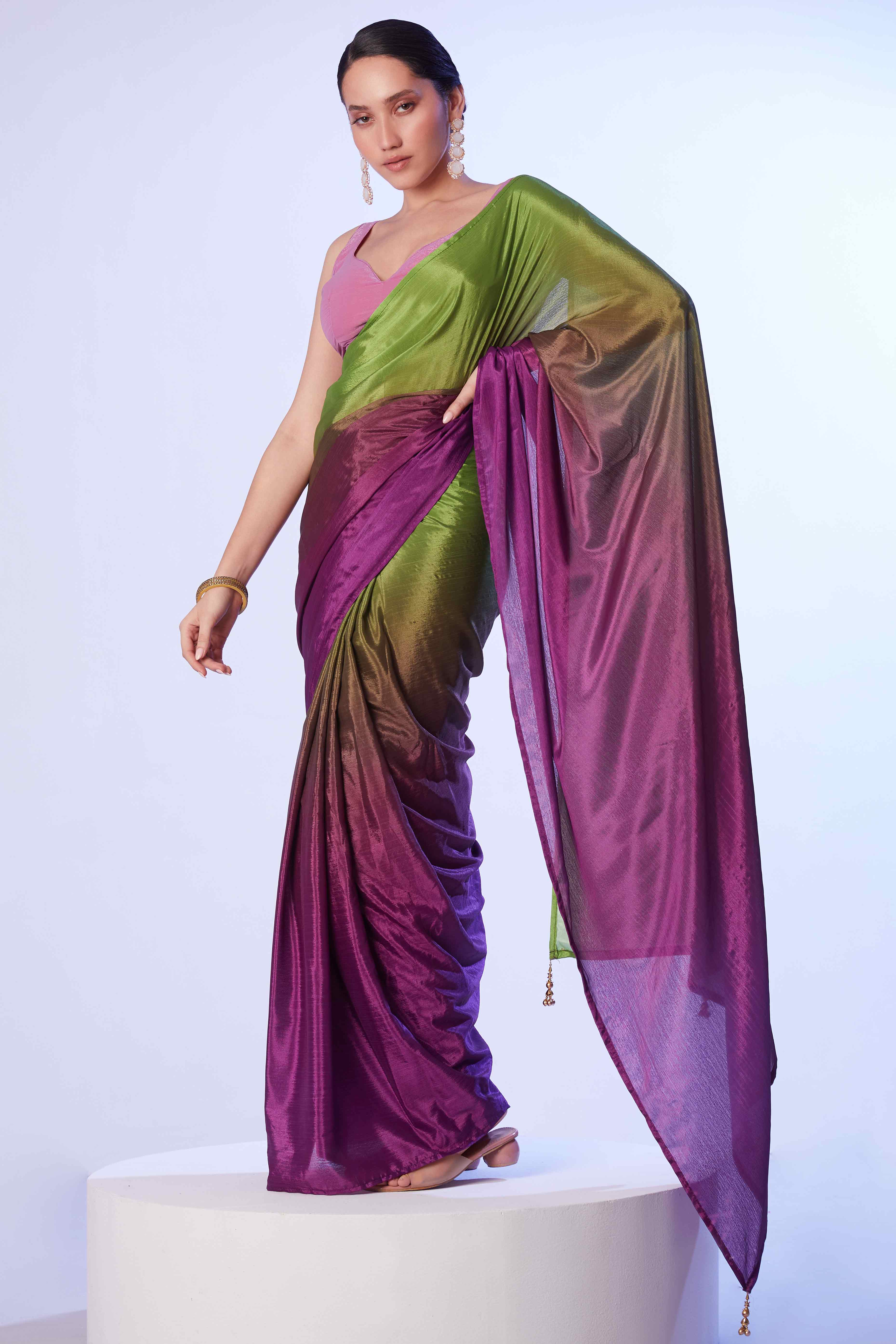 Green & Purple Ombre Bliss Chinon Solid Ready Made Saree
