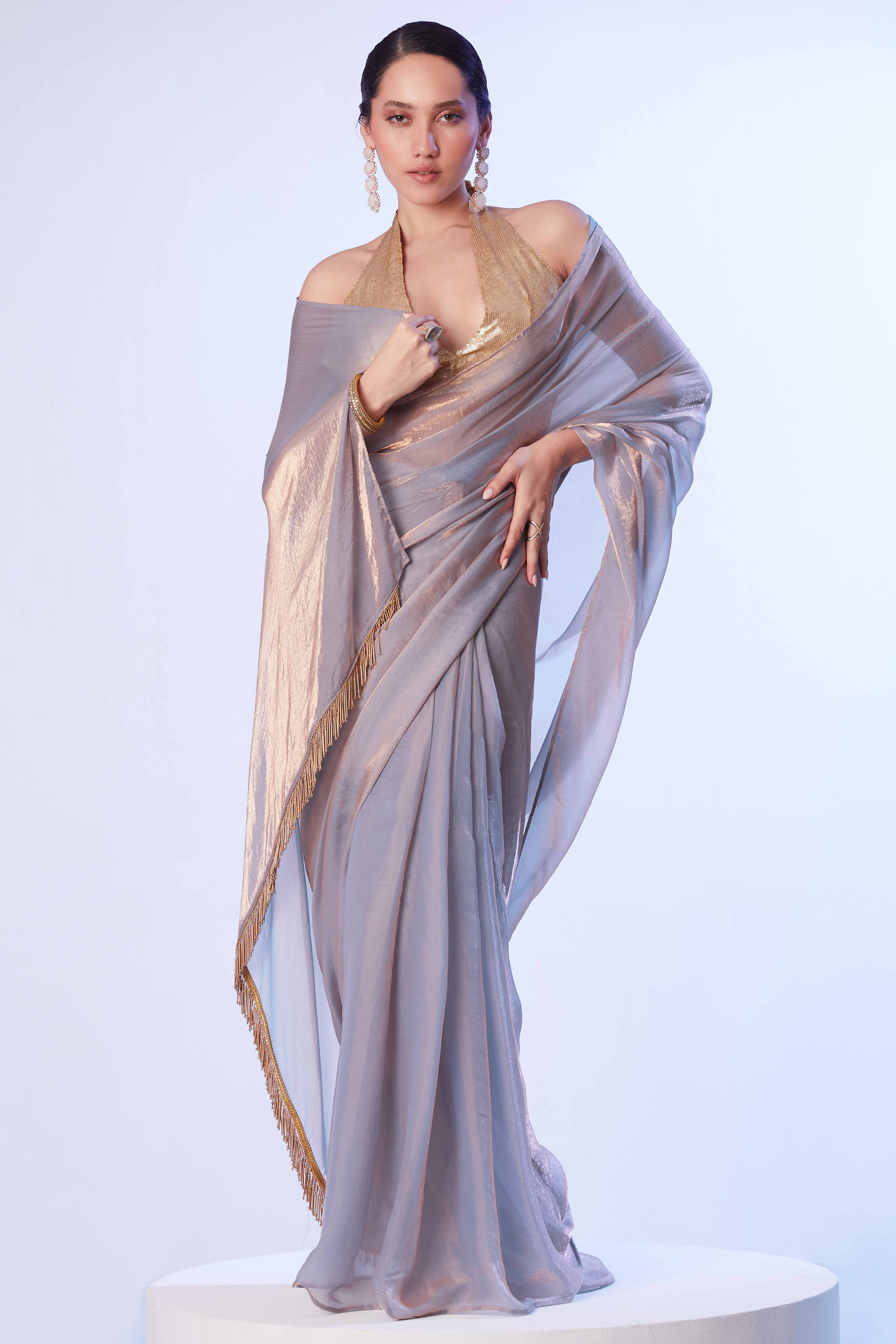 Dusty Grey Satin Solid Embroidered Saree Adorned with Beads & Stones