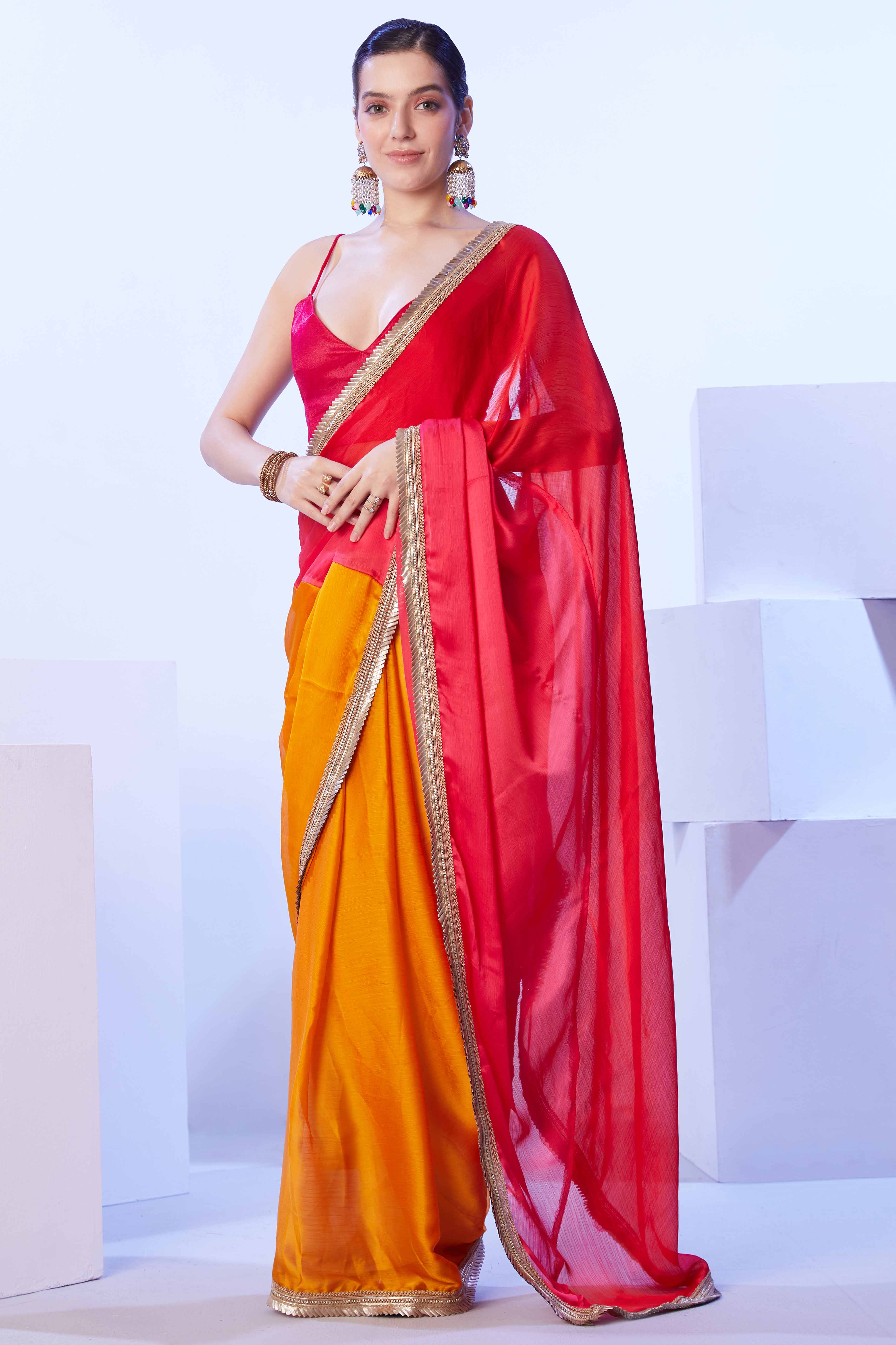 Red & Yellow Satin Printed Saree Adorned with Ombre Pattern