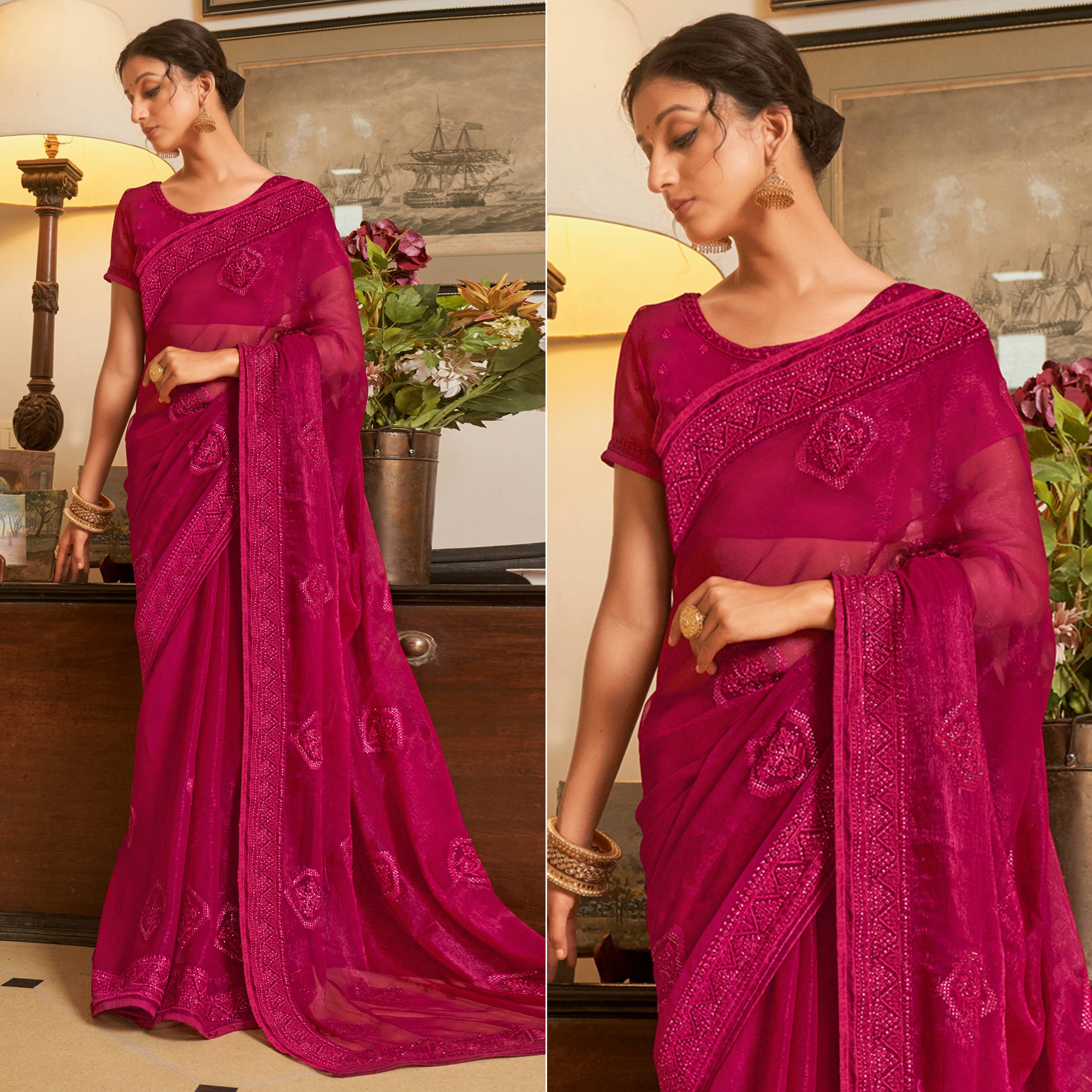 Rani Pink Embroidered Georgette Saree