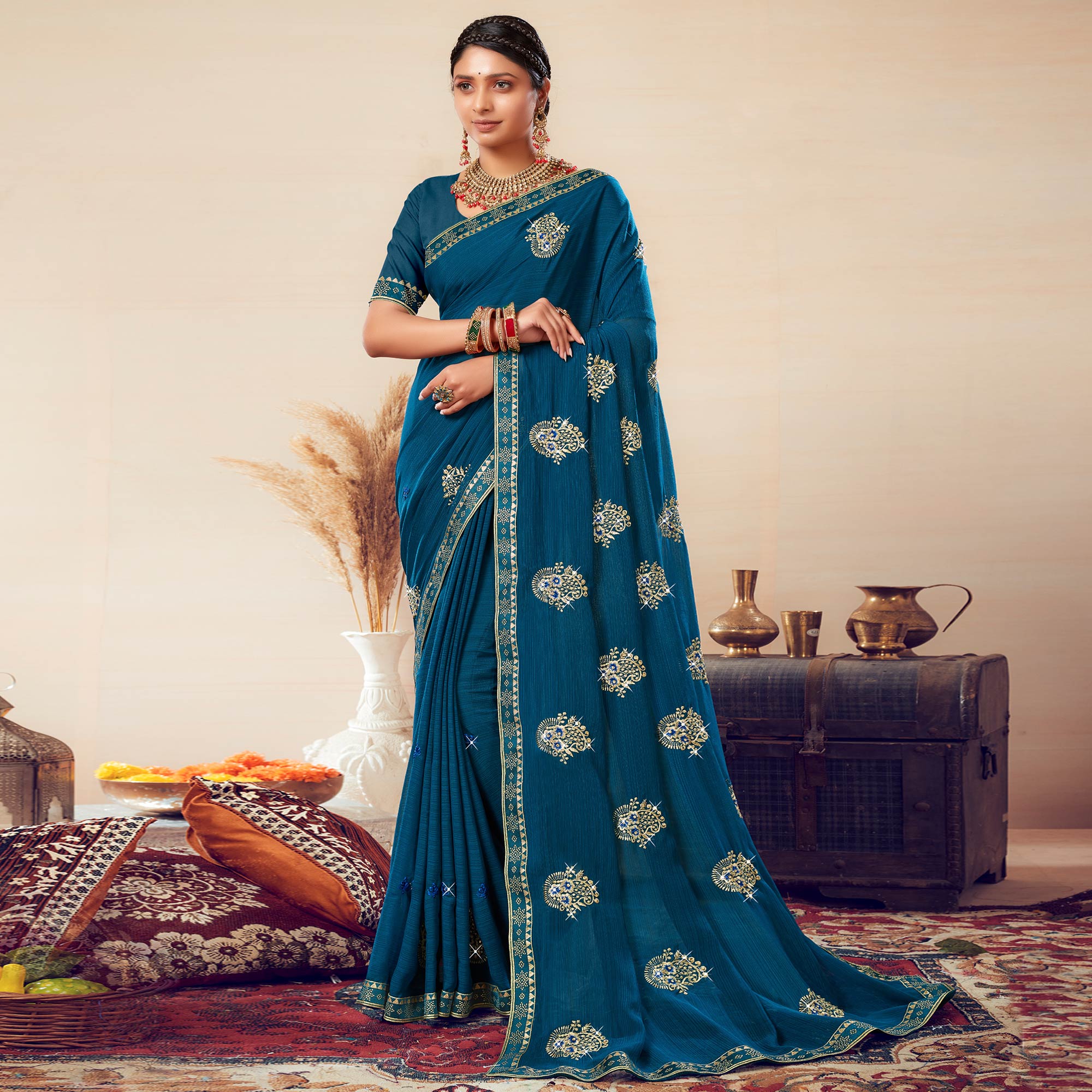 Blue Floral Embroidered Georgette Saree
