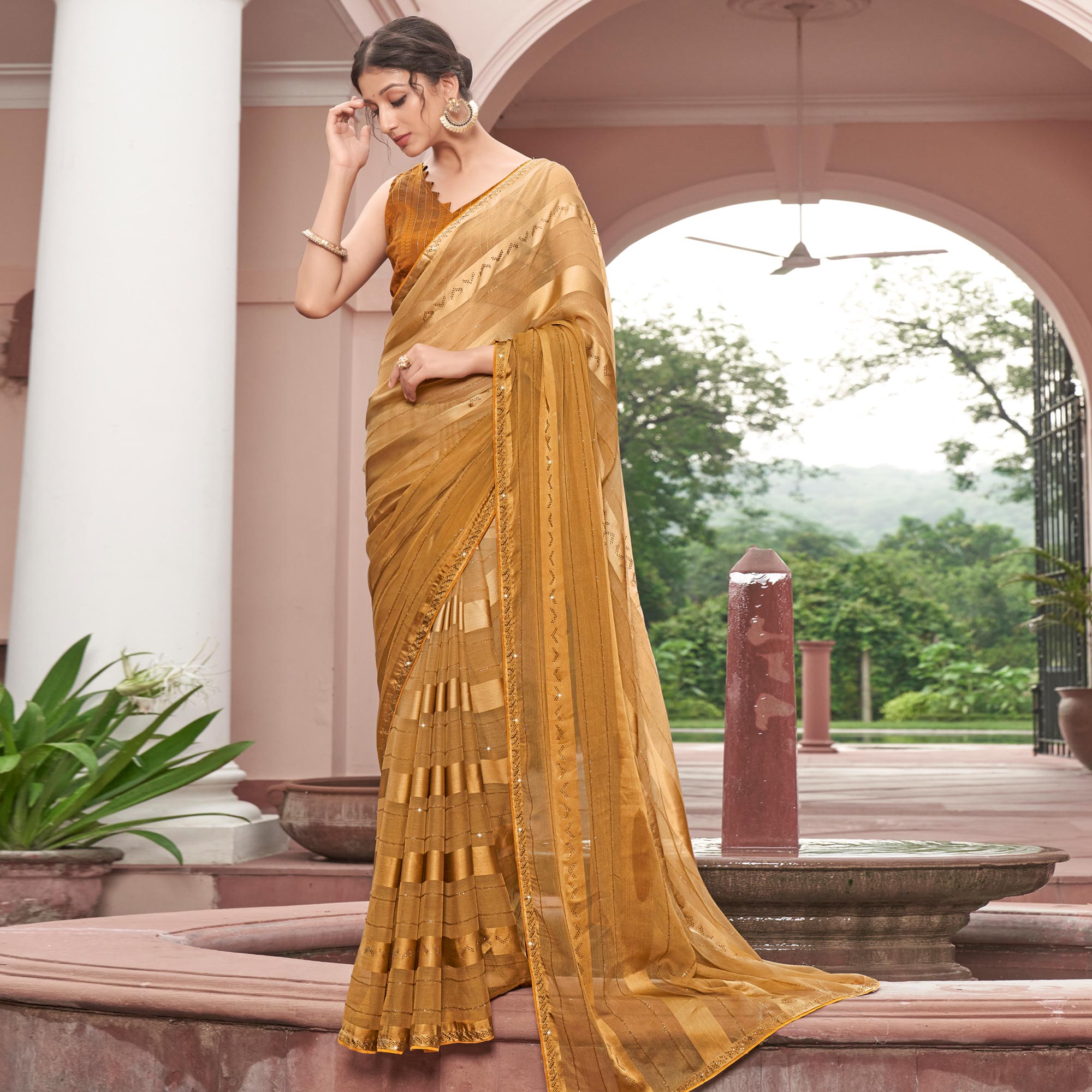 Mustard Swarovski Work Georgette Saree