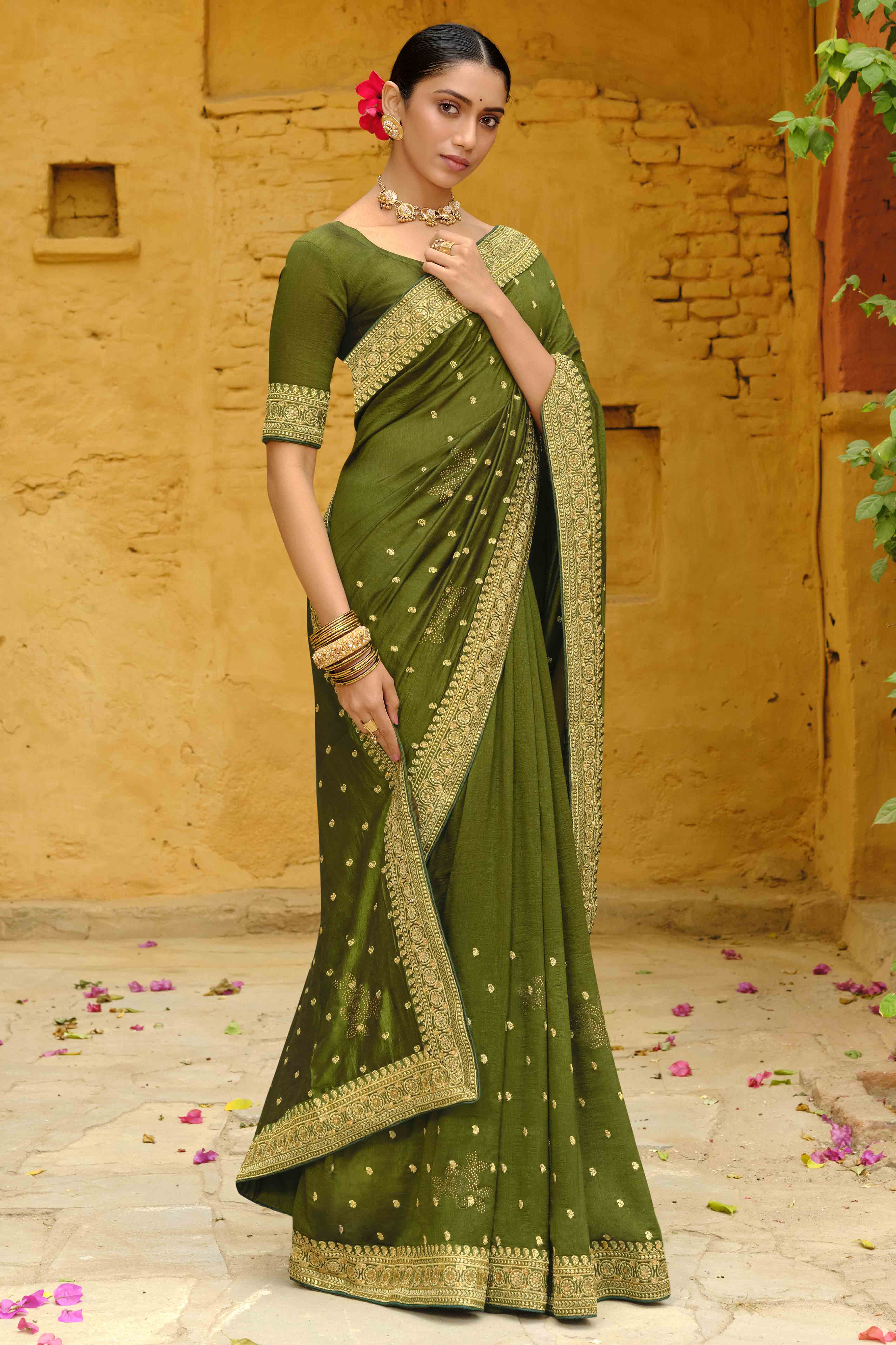 Green Swarovski Work Embroidered Vichitra Silk Saree