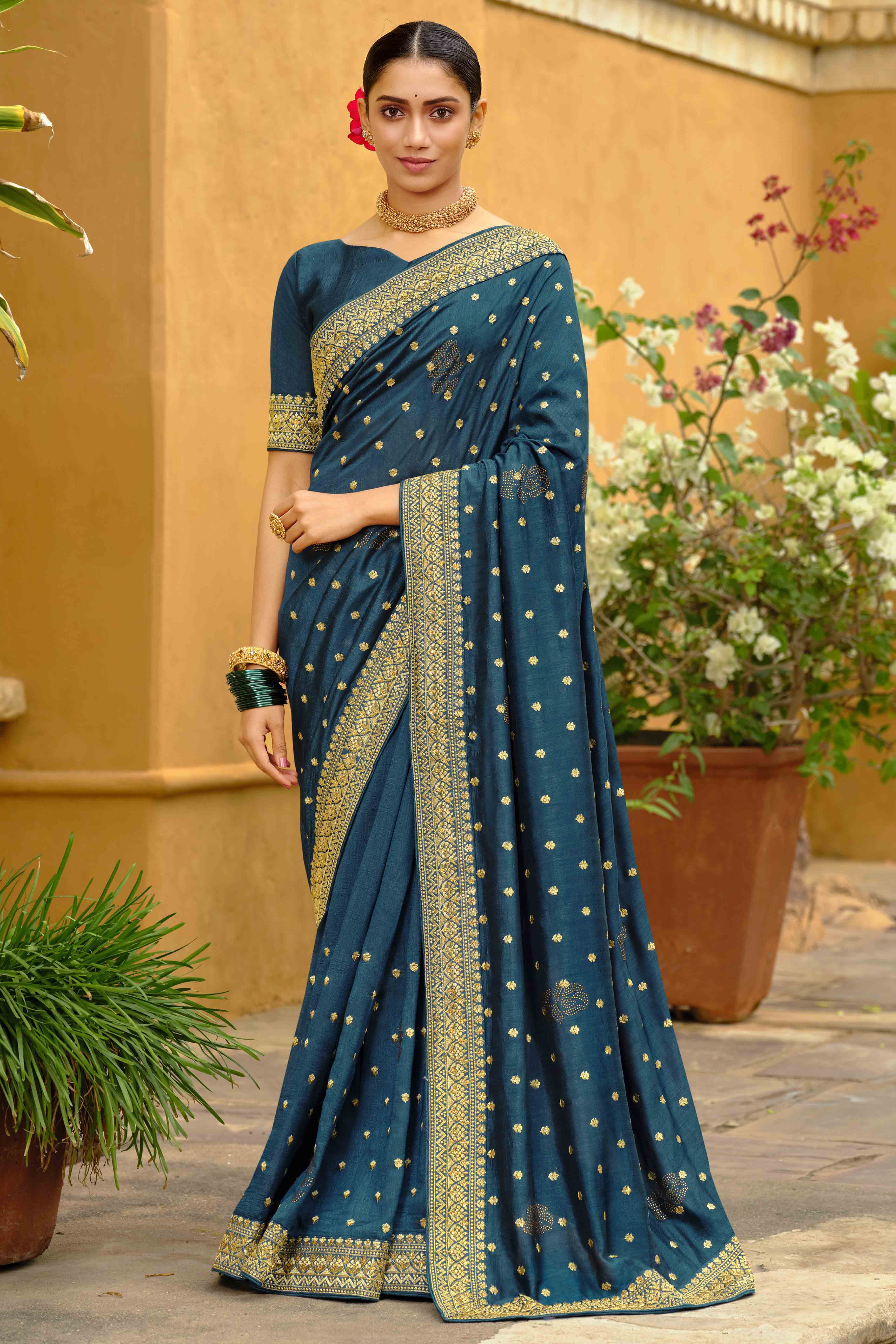 Teal Swarovski Work Embroidered Vichitra Silk Saree