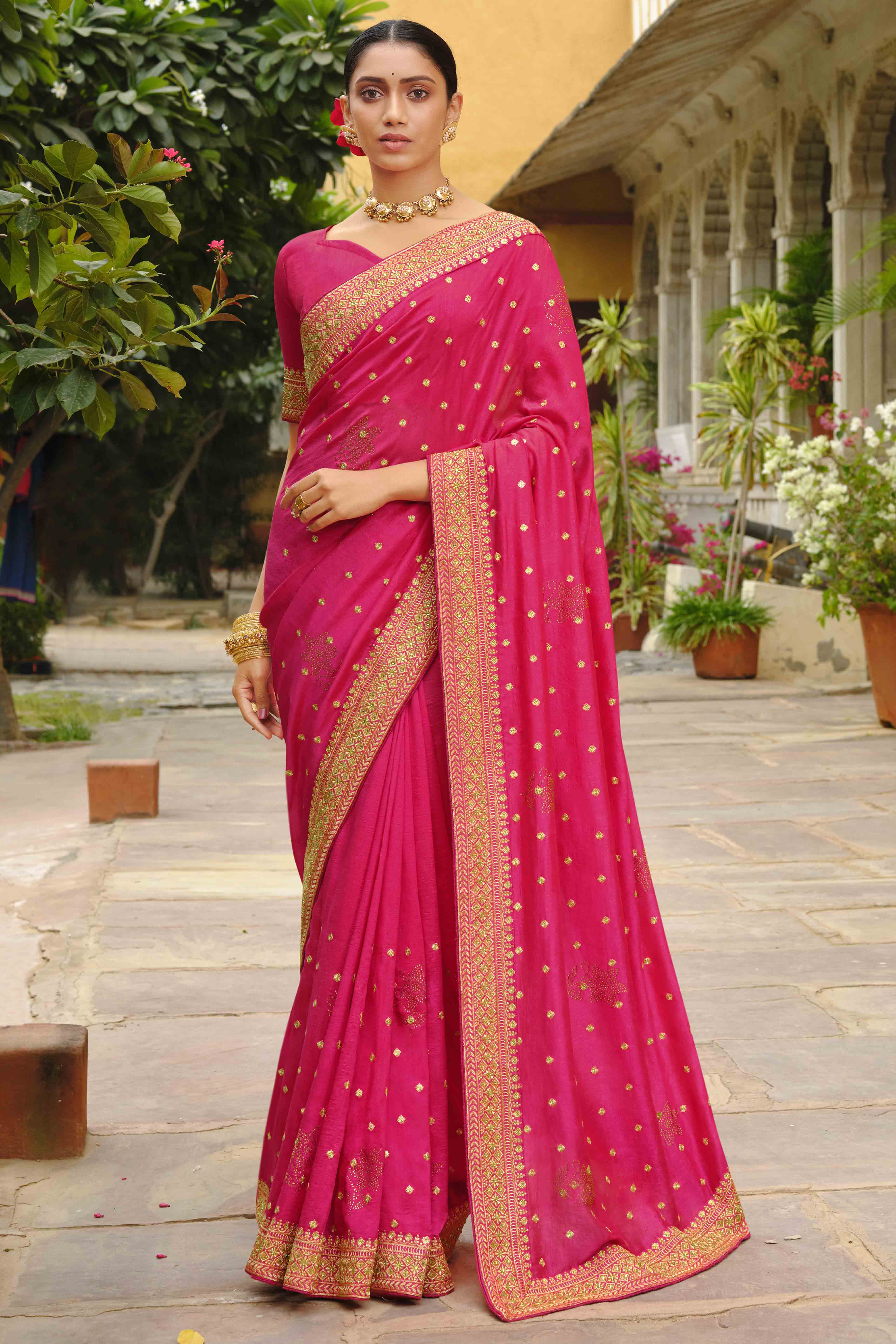 Pink Swarovski Work Embroidered Vichitra Silk Saree