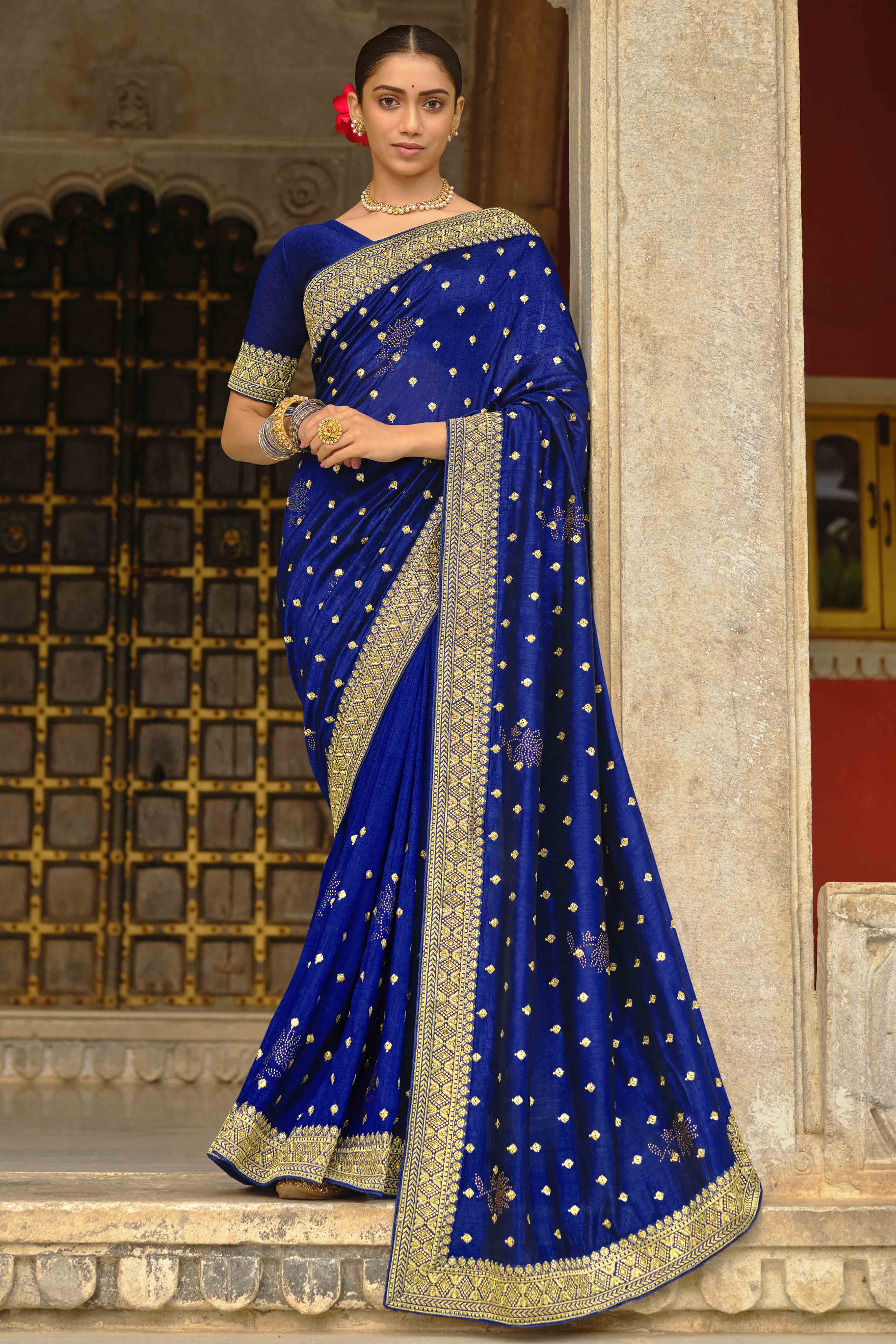Navy Blue Swarovski Work Embroidered Vichitra Silk Saree