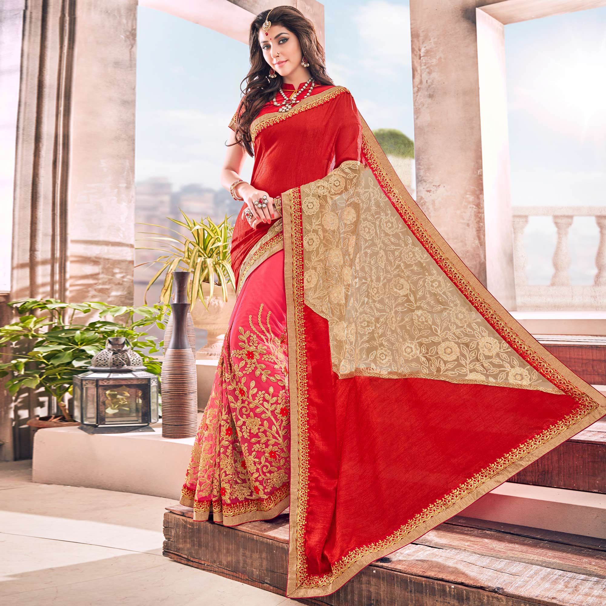 Pink Red Heavy Embroidered Georgette Saree